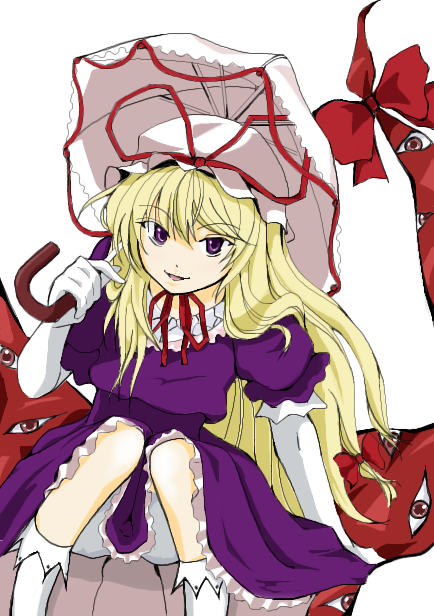 kajiki, yakumo yukari, touhou, 1girl, blonde hair, bow, dress, elbow gloves, female focus, frilled dress, frills, gap (touhou), gloves, hair bow, hat, long hair, mob cap, oekaki, parasol, purple eyes, ribbon, solo, umbrella, underwear, white background