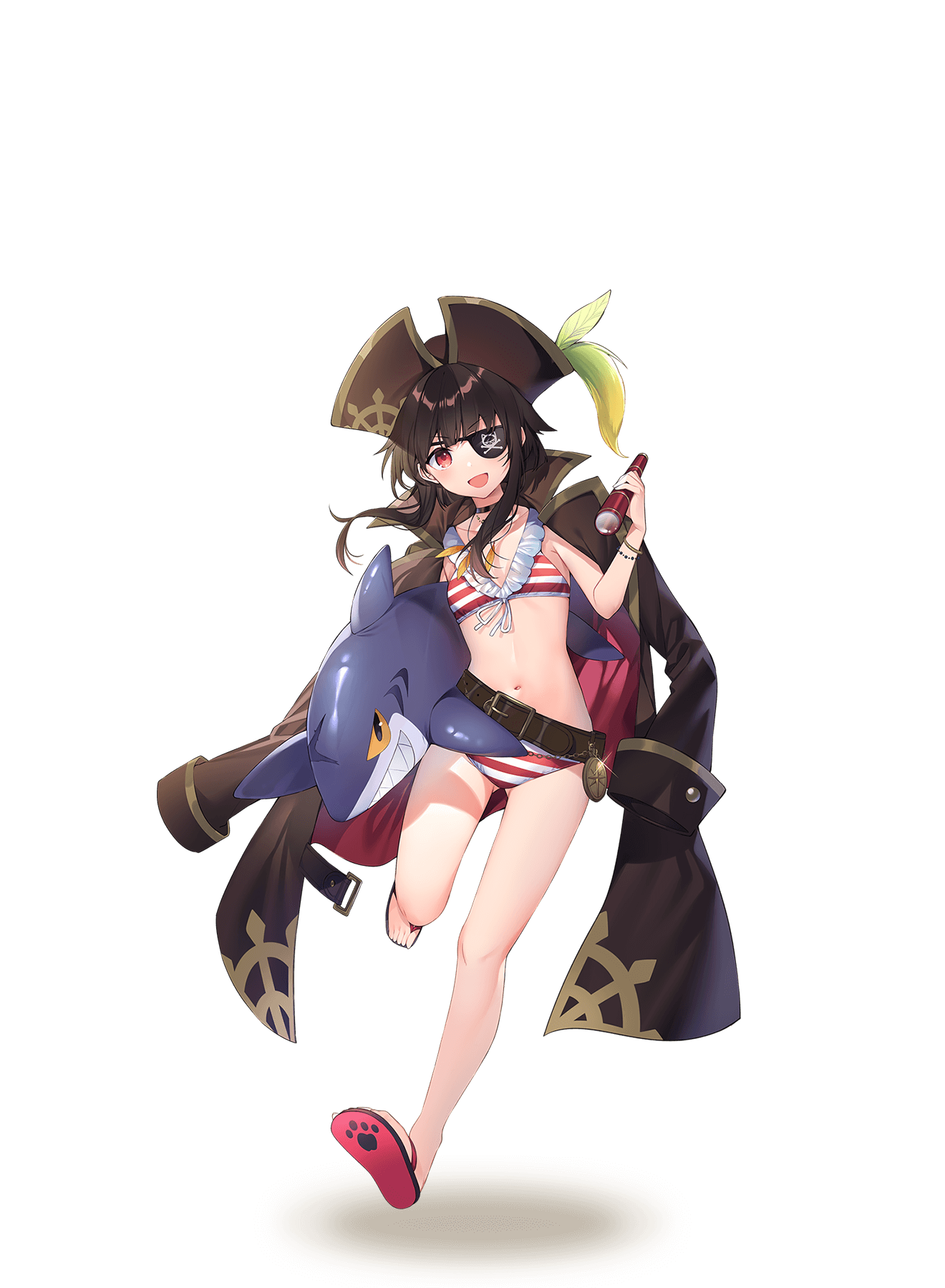 mishima kurone, megumin, kono subarashii sekai ni shukufuku wo!, highres, official art, second-party source, 1girl, belt, bikini, black belt, black coat, black hair, black hat, coat, coat on shoulders, eyepatch, feathers, full body, green feathers, hat, hat feather, holding, inflatable shark, inflatable toy, looking at viewer, navel, open mouth, pirate costume, pirate hat, red bikini, red eyes, red sandals, sandals, simple background, smile, solo, spyglass, striped bikini, striped clothes, swimsuit, tachi-e, transparent background
