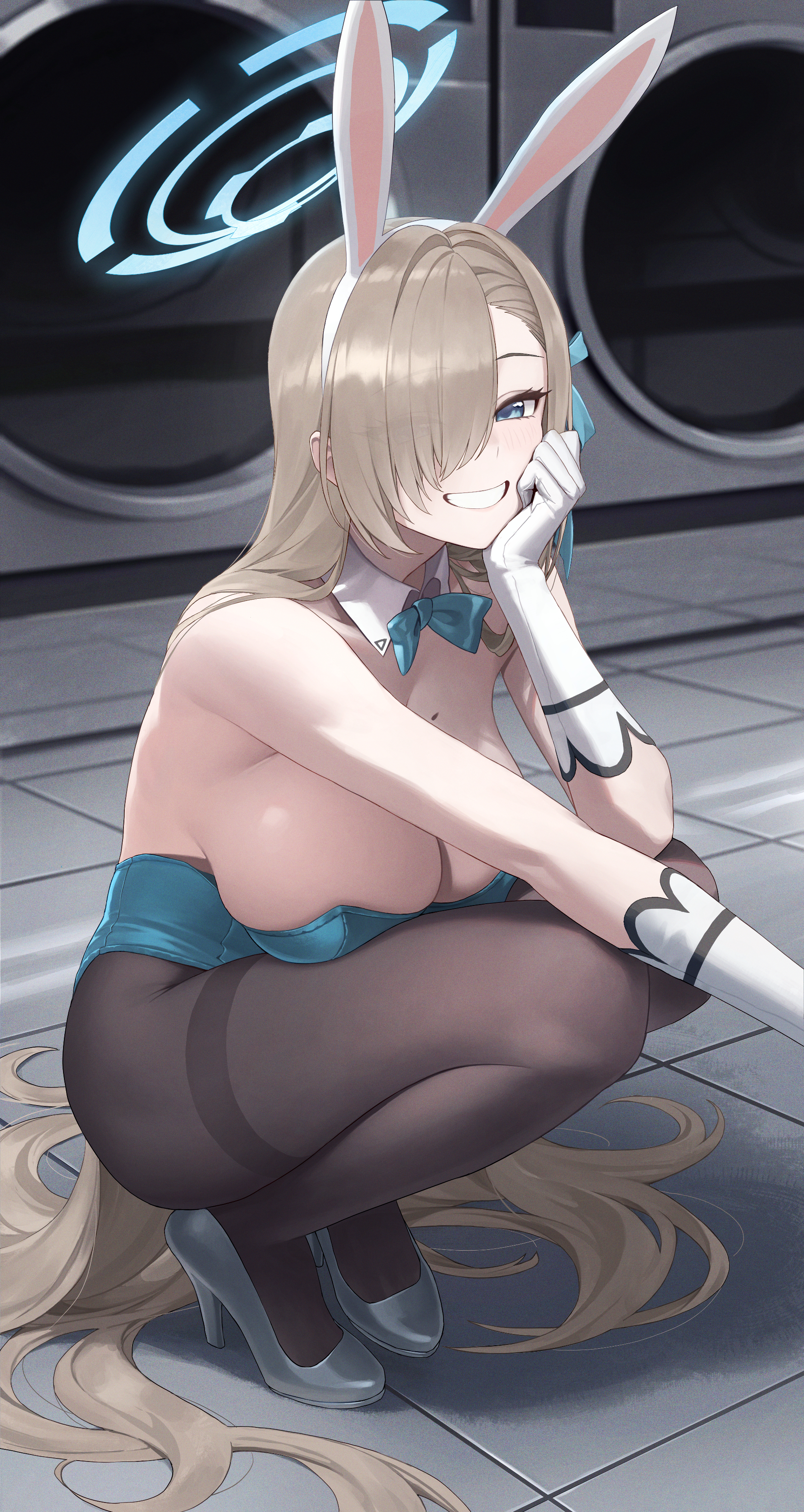 bacon quiche, asuna (blue archive), asuna (bunny) (blue archive), blue archive, absurdres, highres, 1girl, animal ear hairband, animal ears, black pantyhose, blue bow, blue bowtie, blue eyes, blue halo, blue leotard, blue ribbon, blush, bow, bowtie, breasts, brown hair, cleavage, detached collar, elbow gloves, fake animal ears, gloves, hair over one eye, hair ribbon, hairband, halo, head rest, high heels, large breasts, leotard, long hair, looking at viewer, mole, mole on breast, official alternate costume, pantyhose, playboy bunny, rabbit ear hairband, rabbit ears, ribbon, sideboob, smile, solo, squatting, strapless, strapless leotard, very long hair, white gloves