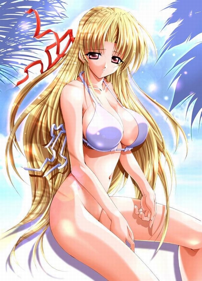asuka keisuke, shirufana, lunar wing, 1girl, bikini, blonde hair, bottomless, female focus, red eyes, solo, swimsuit