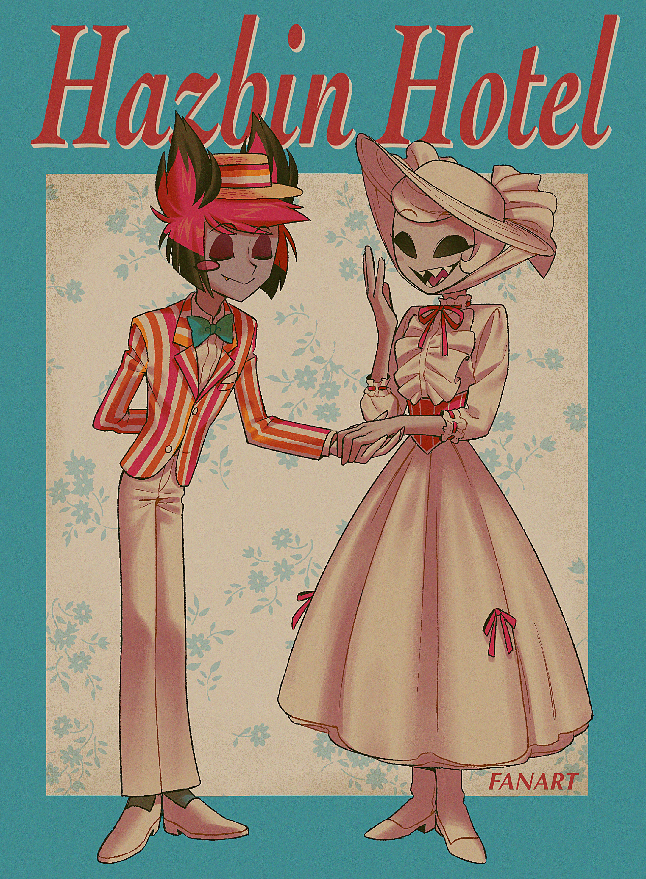menma (enaic31), alastor (hazbin hotel), rosie (hazbin hotel), hazbin hotel, hellaverse, absurdres, commentary request, highres, 1boy, 1girl, :d, aqua bow, aqua bowtie, arm behind back, black hair, blue border, border, bow, bowtie, center frills, closed eyes, closed mouth, collared shirt, colored skin, colored tips, copyright name, corset, dress, eyeshadow, film grain, floral background, frilled sleeves, frills, full body, grey background, grey skin, hair horns, hand up, hat, high heels, holding hands, hollow eyes, jacket, leaning forward, legs together, long dress, long sleeves, looking at another, makeup, monocle, multicolored hair, multicolored jacket, neck ribbon, open mouth, outside border, pants, pantyhose, red corset, red eyeshadow, red hair, red jacket, red ribbon, ribbon, ribbon-trimmed dress, ribbon trim, sharp teeth, shirt, shoes, short hair, simple background, skinny, smile, standing, striped clothes, striped jacket, teeth, tongue, traditional bowtie, two-tone hair, two-tone jacket, u u, vertical-striped clothes, vertical-striped jacket, white dress, white hair, white hat, white jacket, white pants, white pantyhose, white shirt, white shoes