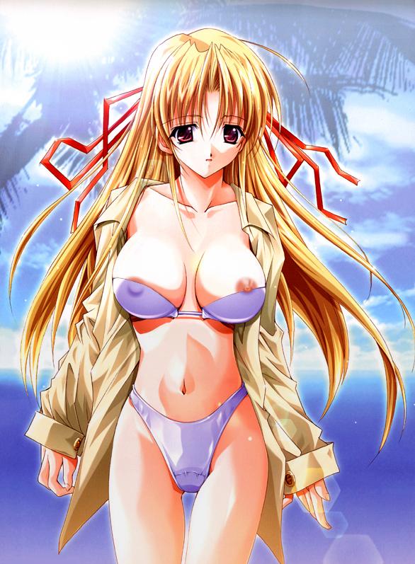 asuka keisuke, shirufana, lunar wing, 1girl, ahoge, areola slip, bikini, bikini under clothes, blonde hair, breasts, cleavage, cloud, coat, collarbone, day, female focus, hair ribbon, large breasts, lens flare, long hair, navel, nipple slip, nipples, no pants, open clothes, open mouth, outdoors, palm tree, public indecency, public nudity, red eyes, ribbon, sky, solo, standing, sun, swimsuit, swimsuit under clothes, thigh gap, tree, trench coat, very long hair, water