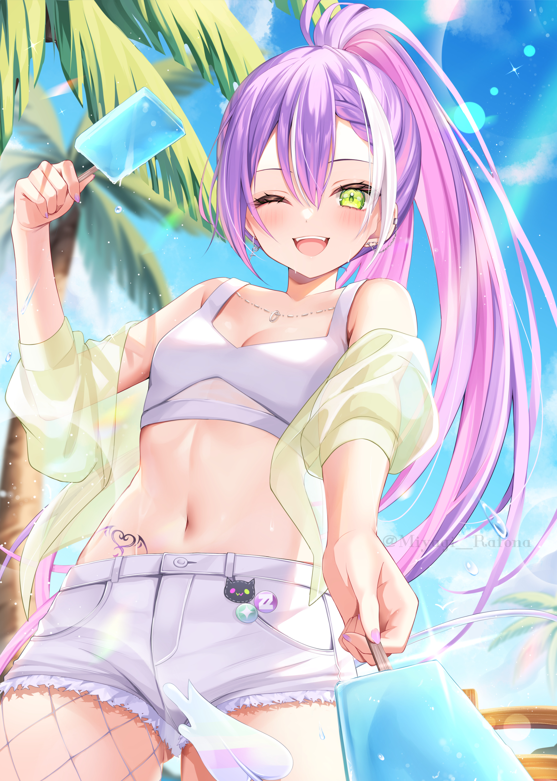 miyagi ratona, tokoyami towa, hololive, absurdres, commentary request, highres, 1girl, ;d, bikini, bikini top only, braid, braided bangs, breasts, cleavage, colored inner hair, day, denim, denim shorts, earclip, fishnet pantyhose, fishnets, food, green eyes, hand up, high ponytail, holding, holding food, holding popsicle, incoming food, jacket, jewelry, linea alba, long hair, looking at viewer, midriff, multicolored hair, necklace, off shoulder, official alternate hairstyle, one eye closed, open mouth, outdoors, pantyhose, pink hair, ponytail, popsicle, purple hair, see-through clothes, see-through jacket, short-sleeved jacket, short shorts, short sleeves, shorts, single leg pantyhose, small breasts, smile, solo, streaked hair, swimsuit, teeth, upper teeth only, very long hair, virtual youtuber, white bikini