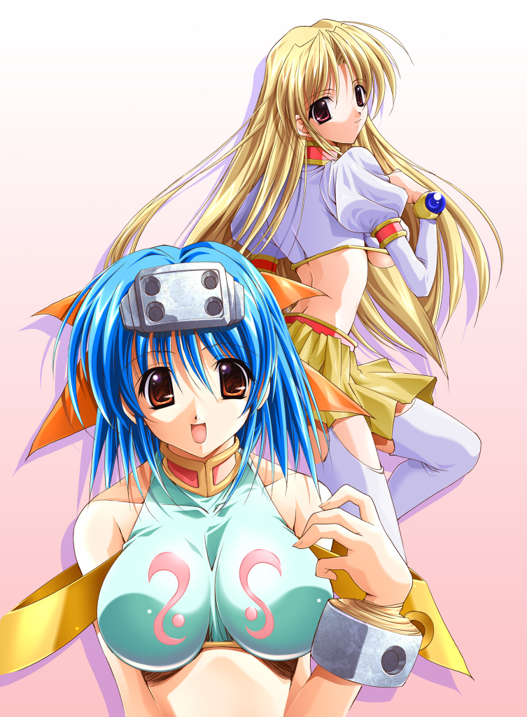 asuka keisuke, patti (lunar wing), shirufana, lunar wing, 2girls, :d, ahoge, back, blonde hair, blue hair, bracelet, breasts, brooch, brown eyes, garter straps, hair ornament, hair ribbon, hairband, impossible clothes, impossible shirt, jewelry, large breasts, long hair, looking back, midriff, multiple girls, no bra, open mouth, pink eyes, pleated skirt, red eyes, ribbon, shadow, shirt, short hair, sideboob, simple background, skirt, smile, thighhighs, turtleneck, underboob, very long hair, white thighhighs, zettai ryouiki