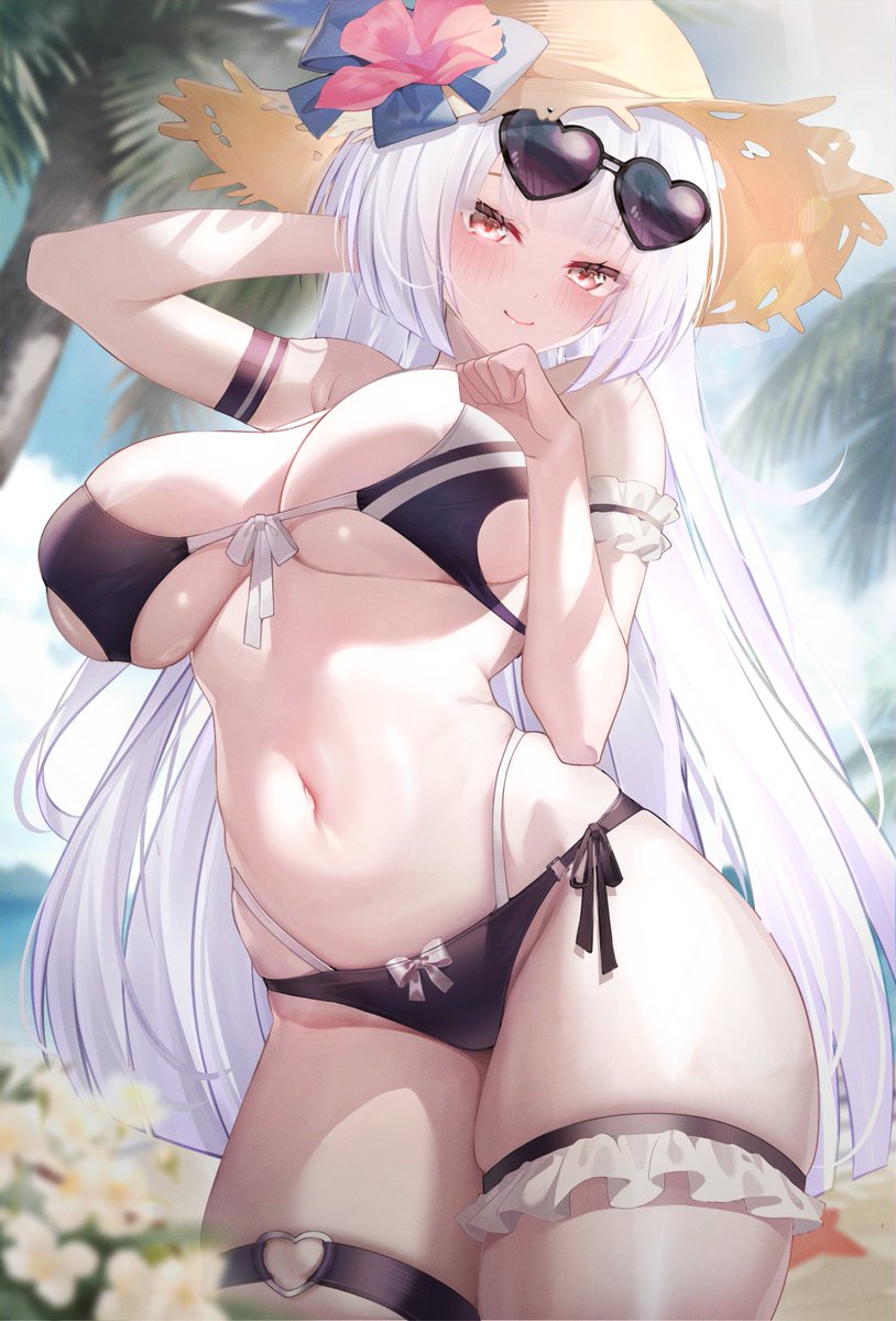 zaikiai, indie virtual youtuber, 1girl, breasts, cleavage, grey hair, hat, huge breasts, long hair, red eyes, revealing clothes, solo, swimsuit, virtual youtuber