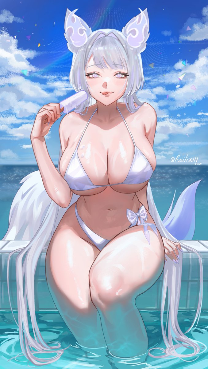reilixin, zaikiai, indie virtual youtuber, 1girl, animal ears, breasts, food, grey hair, huge breasts, long hair, looking at viewer, popsicle, purple eyes, solo, swimsuit, tail, thick thighs, thighs, virtual youtuber, water