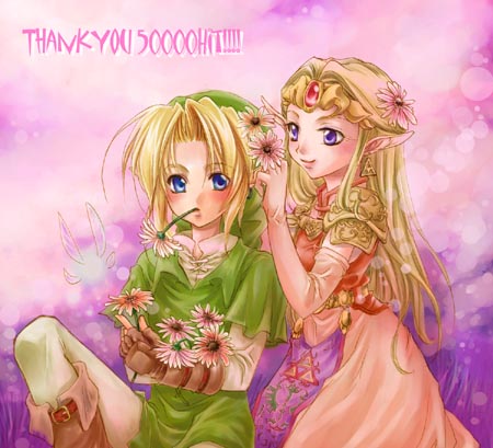 link, navi, princess zelda, nintendo, the legend of zelda, the legend of zelda: ocarina of time, lowres, blonde hair, blue eyes, earrings, fairy, flower, flower in mouth, gem, green tunic, jewelry, long hair, pink gemstone, pointy ears, purple eyes, tunic