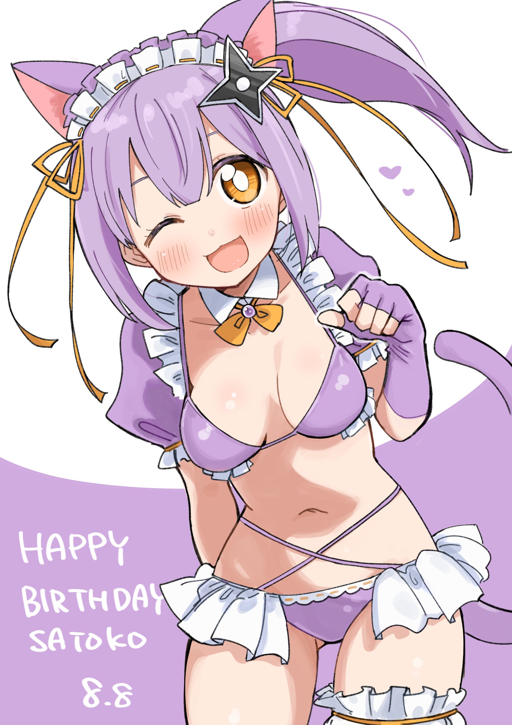 hundredburger, kusagakure satoko, ninja to koroshiya no futarigurashi, absurdres, highres, 1girl, ;d, animal ears, bikini, blush, bright pupils, cat ears, cat tail, character name, detached collar, detached sleeves, elbow gloves, fake animal ears, fake tail, fingerless gloves, frilled thigh strap, frills, gloves, happy birthday, long hair, maid headdress, midriff, navel, one eye closed, open mouth, orange eyes, orange hair, puffy short sleeves, puffy sleeves, purple background, purple bikini, purple gloves, purple hair, short sleeves, shuriken hair ornament, side ponytail, smile, solo, stomach, swimsuit, tail, thigh strap, white background, white pupils