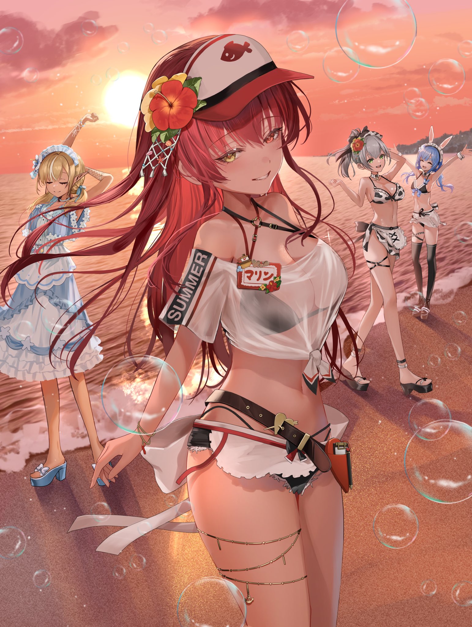 karanashi noma, houshou marine, houshou marine (holonatsu paradise), shiranui flare, shiranui flare (holonatsu paradise), shirogane noel, shirogane noel (holonatsu paradise), usada pekora, usada pekora (holonatsu paradise), hololive, hololive fantasy, holonatsu paradise, hashtag-only commentary, highres, 4girls, animal print, apron, beach, belt, bikini, bikini under shorts, black bikini, blonde hair, blue hair, blurry, blurry background, breasts, brown belt, cleavage, clothes writing, cow print, cow print bikini, criss-cross halter, denim, denim shorts, dress, elf, flower, frayed shorts, frilled apron, frilled bikini, frilled dress, frills, full body, green eyes, grey hair, grin, hair flower, hair ornament, halterneck, heart, heart o-ring, heterochromia, highleg, highleg bikini, large breasts, leather belt, long hair, looking at viewer, maid, maid bikini, maid headdress, micro shorts, multi-strapped bikini top, multicolored hair, multiple girls, navel, o-ring, o-ring bikini, ocean, off shoulder, official alternate costume, official alternate hairstyle, outdoors, platform sandals, pointy ears, print bikini, rabbit girl, red bikini, red eyes, red hair, sandals, see-through clothes, see-through shirt, shirt, shorts, smile, streaked hair, sunset, swimsuit, t-shirt, tied shirt, twintails, unconventional maid, virtual youtuber, visor cap, waist apron, white shirt, yellow eyes