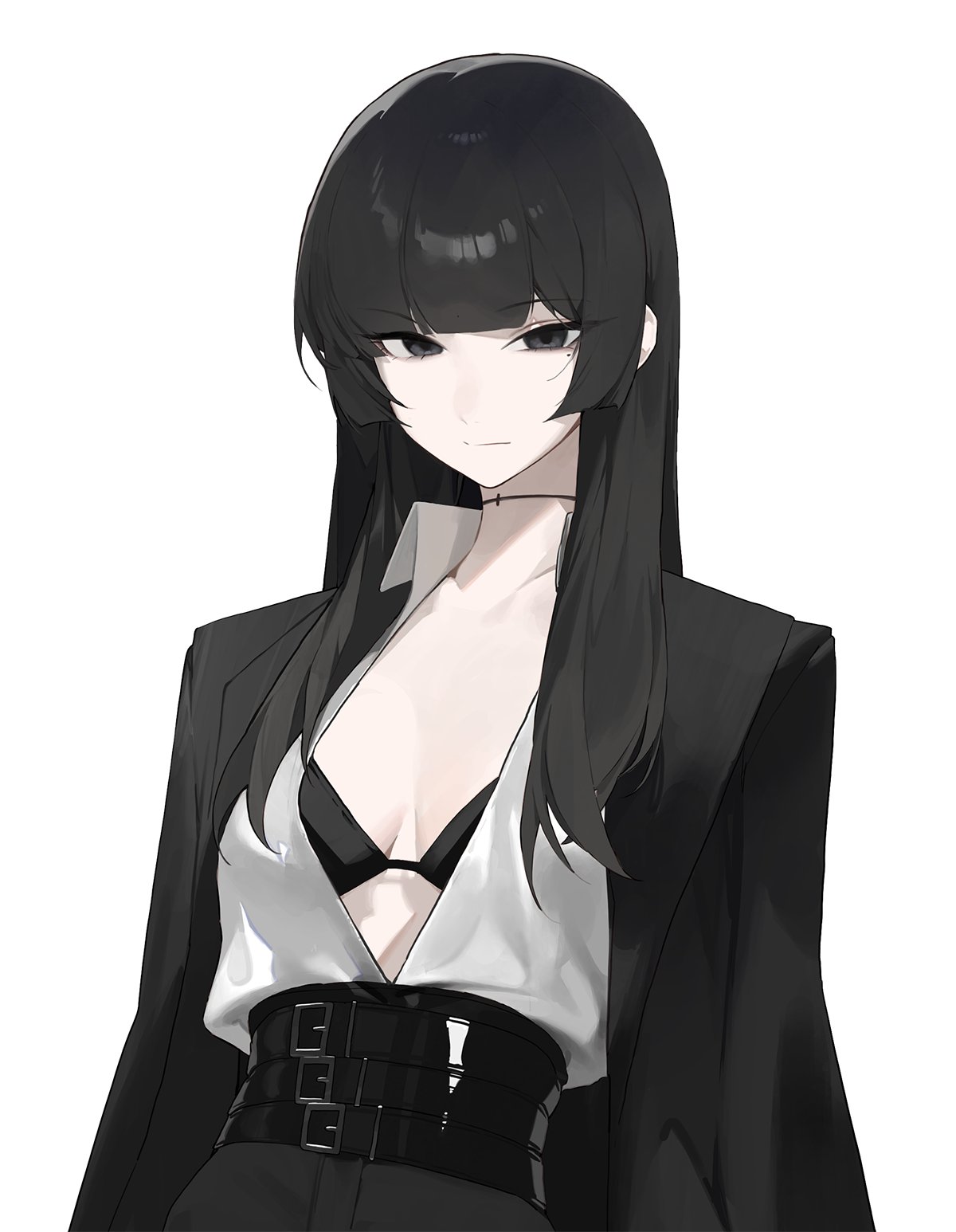 kji (rozo), original, highres, belt, belt buckle, black belt, black bra, black choker, black coat, black eyes, black hair, black pants, blunt bangs, bra, breasts, buckle, choker, cleavage, closed mouth, coat, collarbone, long hair, long sleeves, looking at another, medium breasts, mole, mole under eye, open clothes, open coat, pants, shirt, simple background, solo, underwear, white background, white shirt