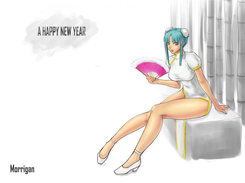 ark (morita hitomi), morrigan aensland, capcom, darkstalkers, 1girl, bamboo, bamboo forest, bare shoulders, bun cover, character name, china dress, chinese clothes, cosplay, demon girl, double bun, dress, feather fan, female focus, folding fan, forest, hair bun, hand fan, high heels, legs, long legs, nail polish, nature, purple nails, shoes, sitting, solo, thick thighs, thighs