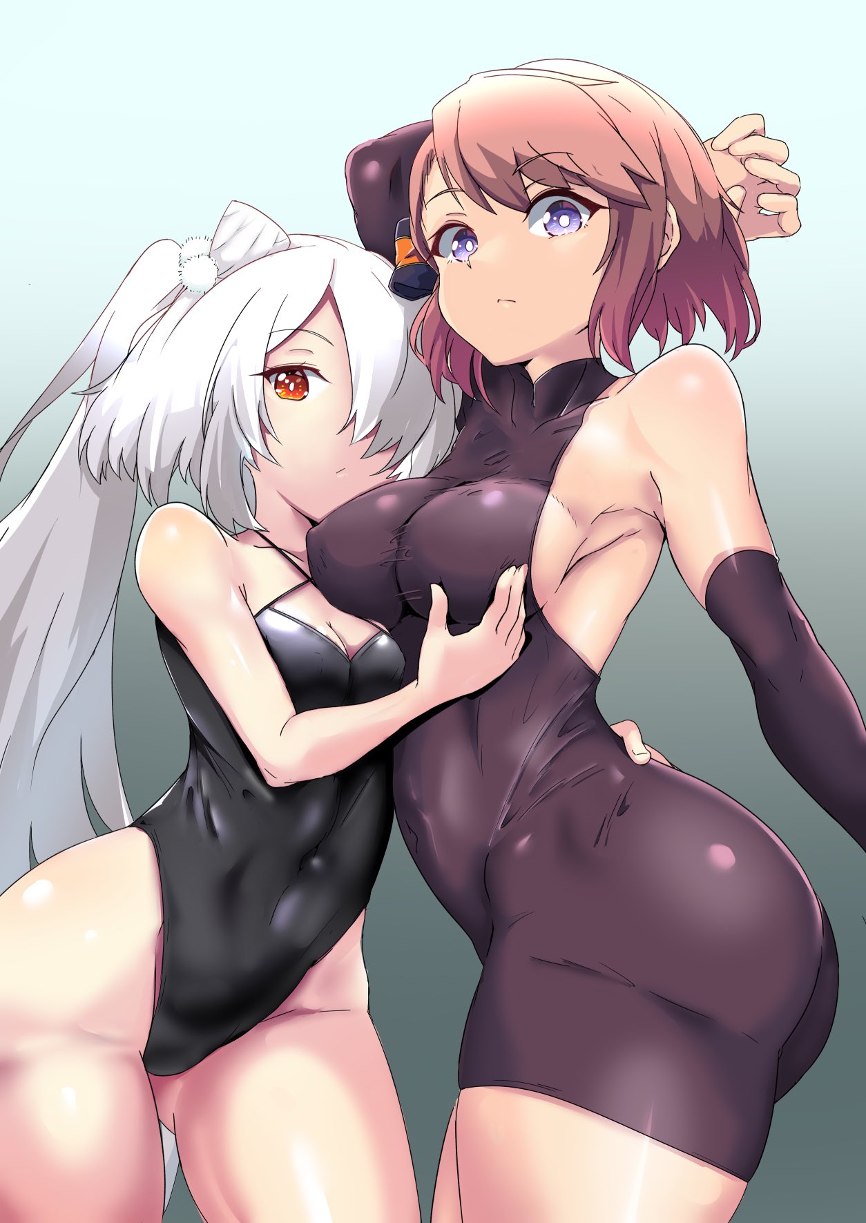 edoara, kiev (azur lane), z23 (azur lane), azur lane, highres, 2girls, arm behind head, bare shoulders, black leotard, bodysuit, breasts, brown hair, brown sleeves, cleavage, cone hair bun, covered collarbone, detached sleeves, gluteal fold, grabbing another's breast, groping, hair bun, hair over one eye, leotard, long hair, looking at viewer, medium breasts, multiple girls, purple eyes, red eyes, short hair, sideboob, skin tight, small breasts, twintails, undersuit, very long hair, white hair