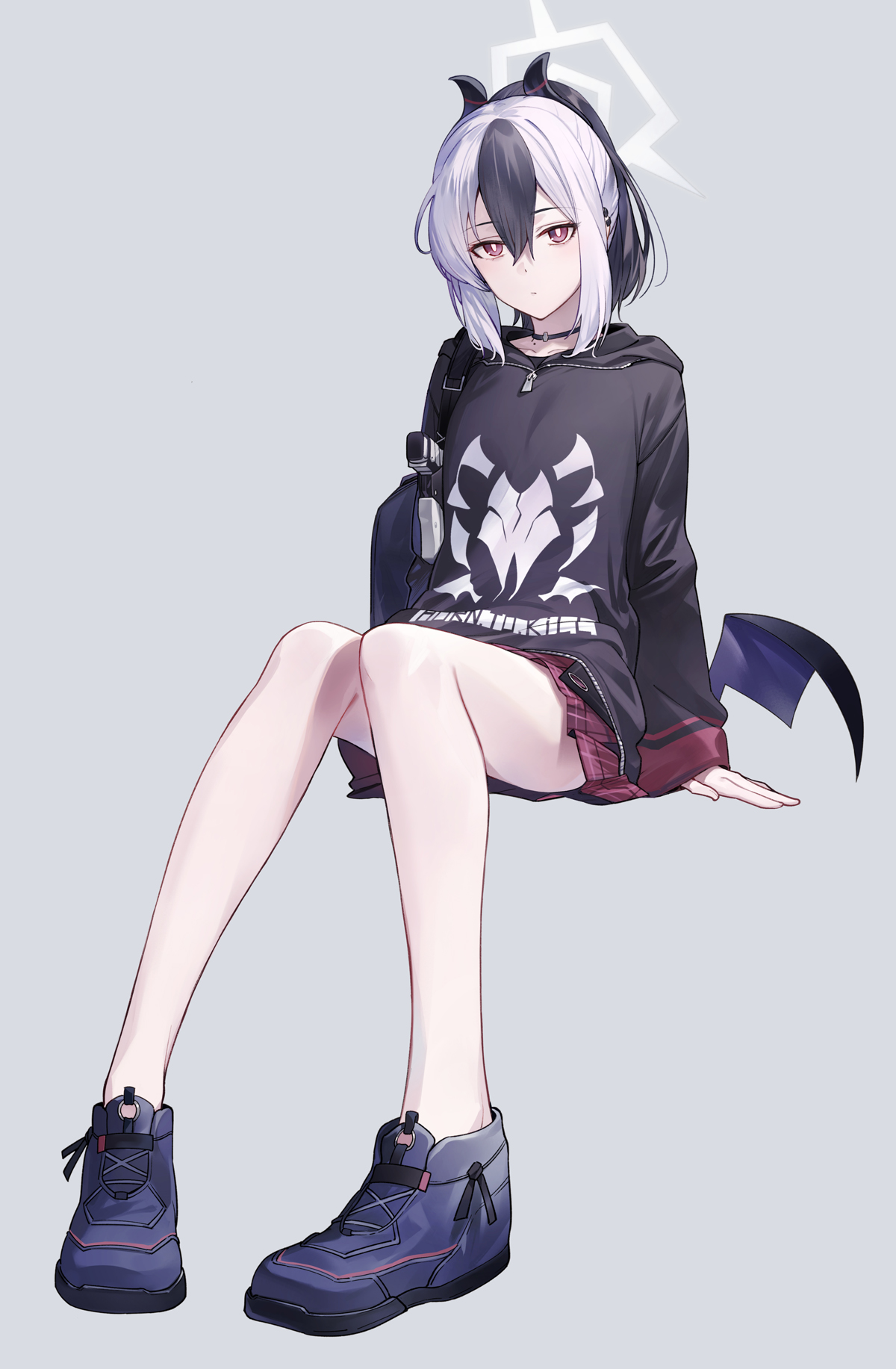 miz, kayoko (blue archive), blue archive, commentary request, highres, 1girl, bat wings, black hoodie, blue shoes, choker, collarbone, full body, gun, h&k p30, halo, handgun, hood, hood down, hoodie, low wings, mole, mole on collarbone, multicolored hair, piercing, plaid clothes, plaid skirt, pleated skirt, ponytail, red skirt, shoes, simple background, sitting, skirt, two-tone hair, weapon, wings