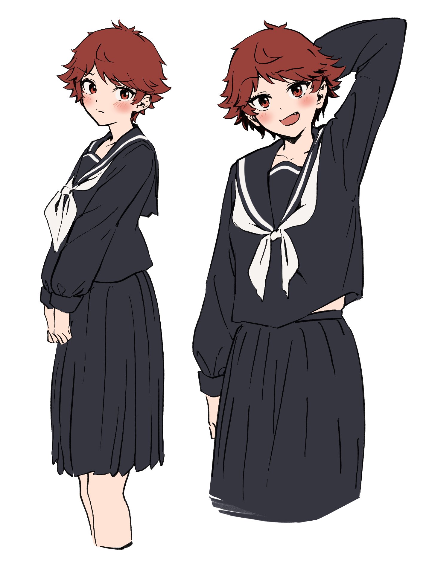 fried bocky, tomo-chan wa onna no ko, highres, 1girl, alternate costume, arm up, black serafuku, black skirt, blush, cropped legs, long sleeves, looking at viewer, multiple views, open mouth, red eyes, red hair, sailor collar, school uniform, serafuku, short hair, simple background, skirt, smile, standing, white background