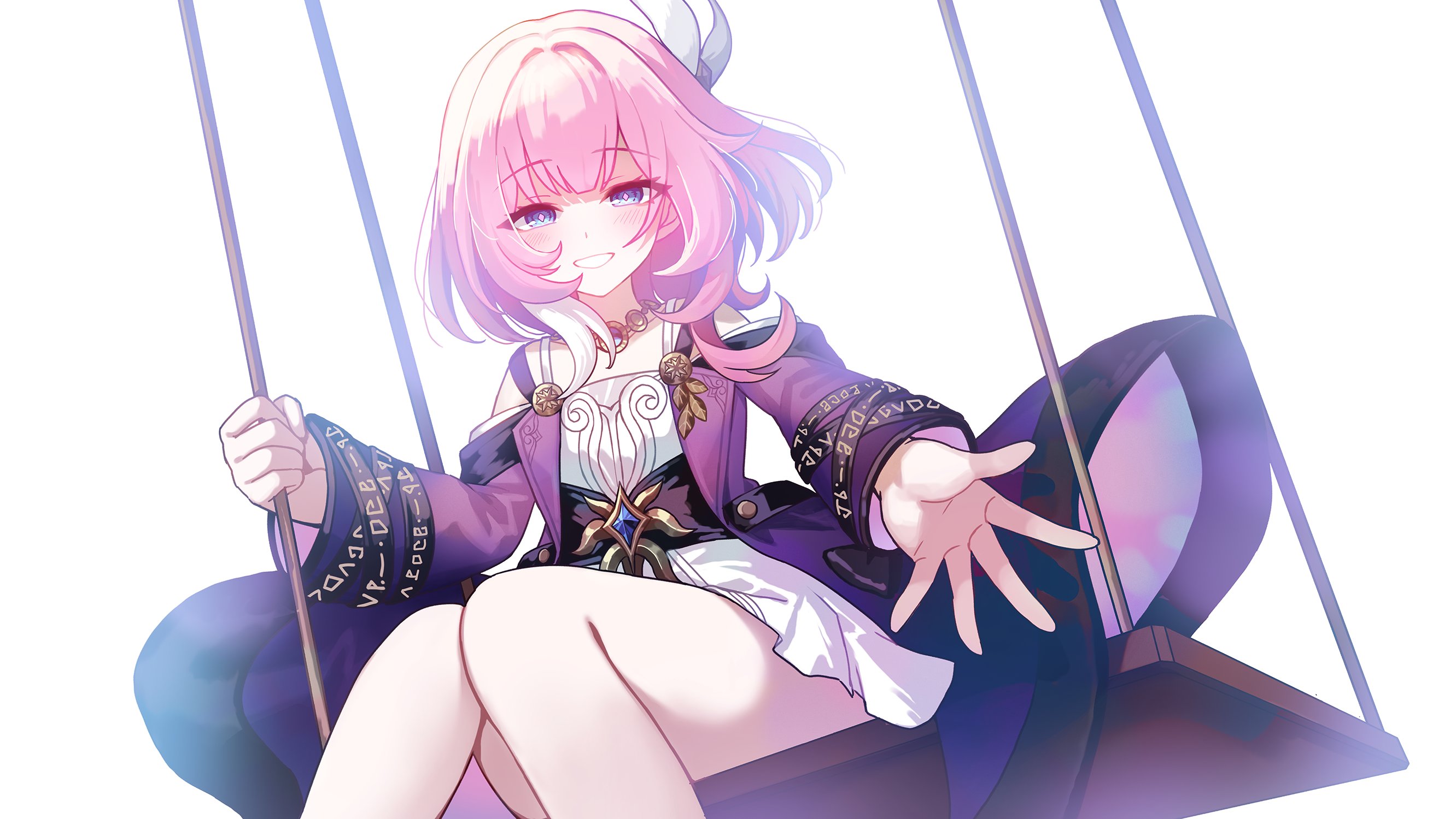 kyundoo, cyrene (honkai: star rail), honkai: star rail, honkai (series), commentary, highres, symbol-only commentary, 1girl, bare shoulders, blue eyes, blush, coat, dress, hair ornament, long sleeves, looking at viewer, medium hair, on swing, parted lips, pink pupils, purple coat, reaching, reaching towards viewer, simple background, sitting, smile, solo, swing, white background, white dress