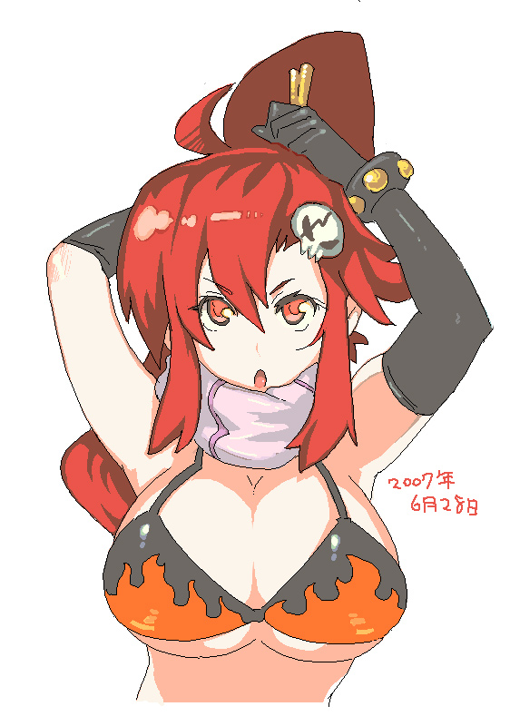 meme50, yoko littner, tengen toppa gurren lagann, 00s, adjusting hair, arms up, bikini, bikini top only, breasts, cleavage, elbow gloves, gloves, hair ornament, huge breasts, long hair, oekaki, ponytail, red eyes, red hair, scarf, solo, swimsuit, underboob