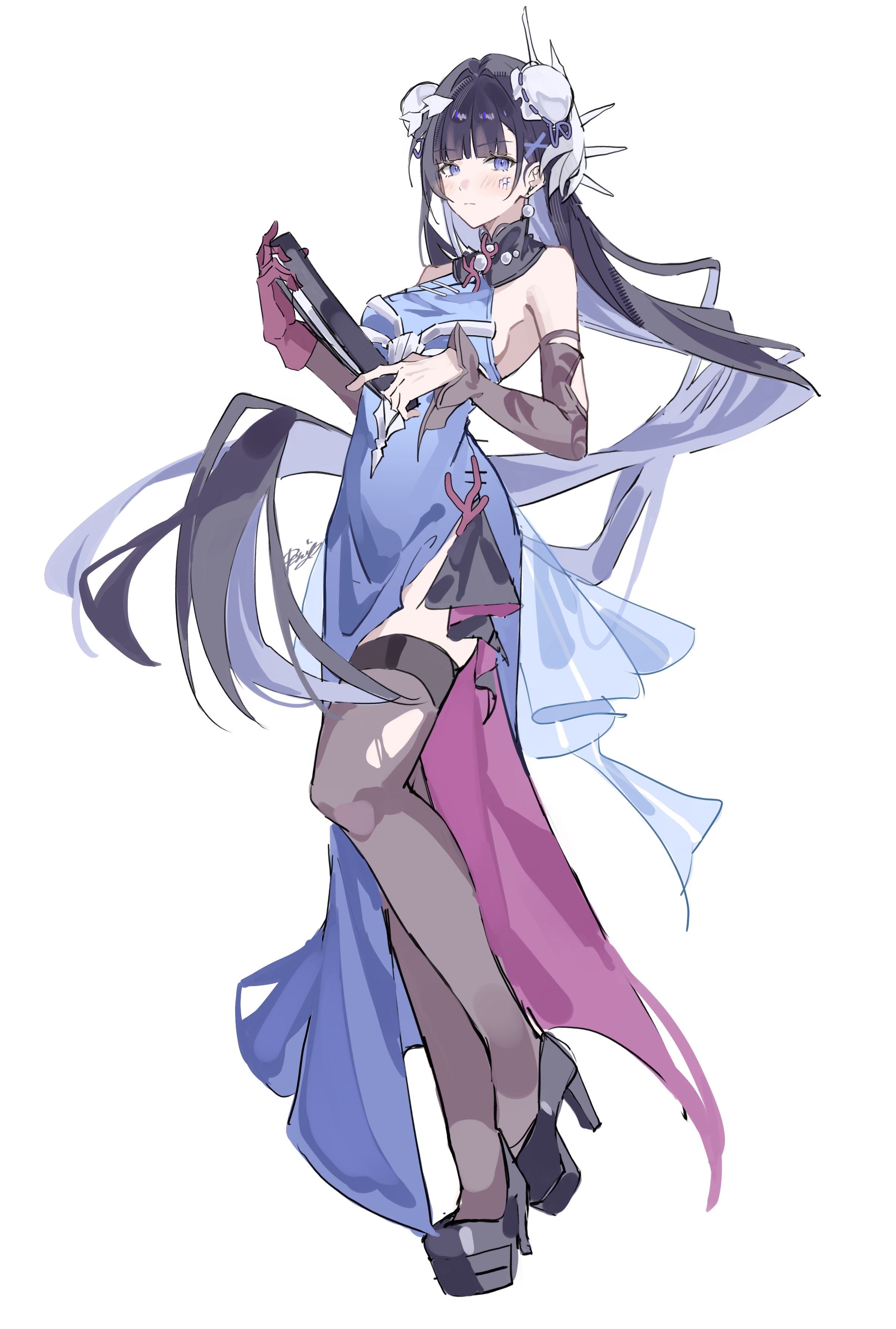 ren (renjiyu), hysilens (honkai: star rail), honkai: star rail, honkai (series), absurdres, highres, 1girl, alternate costume, black shoes, black thighhighs, blue dress, china dress, chinese clothes, dress, full body, gloves, long hair, long sleeves, looking at viewer, red gloves, shoes, simple background, single glove, sketch, standing, thighhighs, torn clothes, torn thighhighs, white background