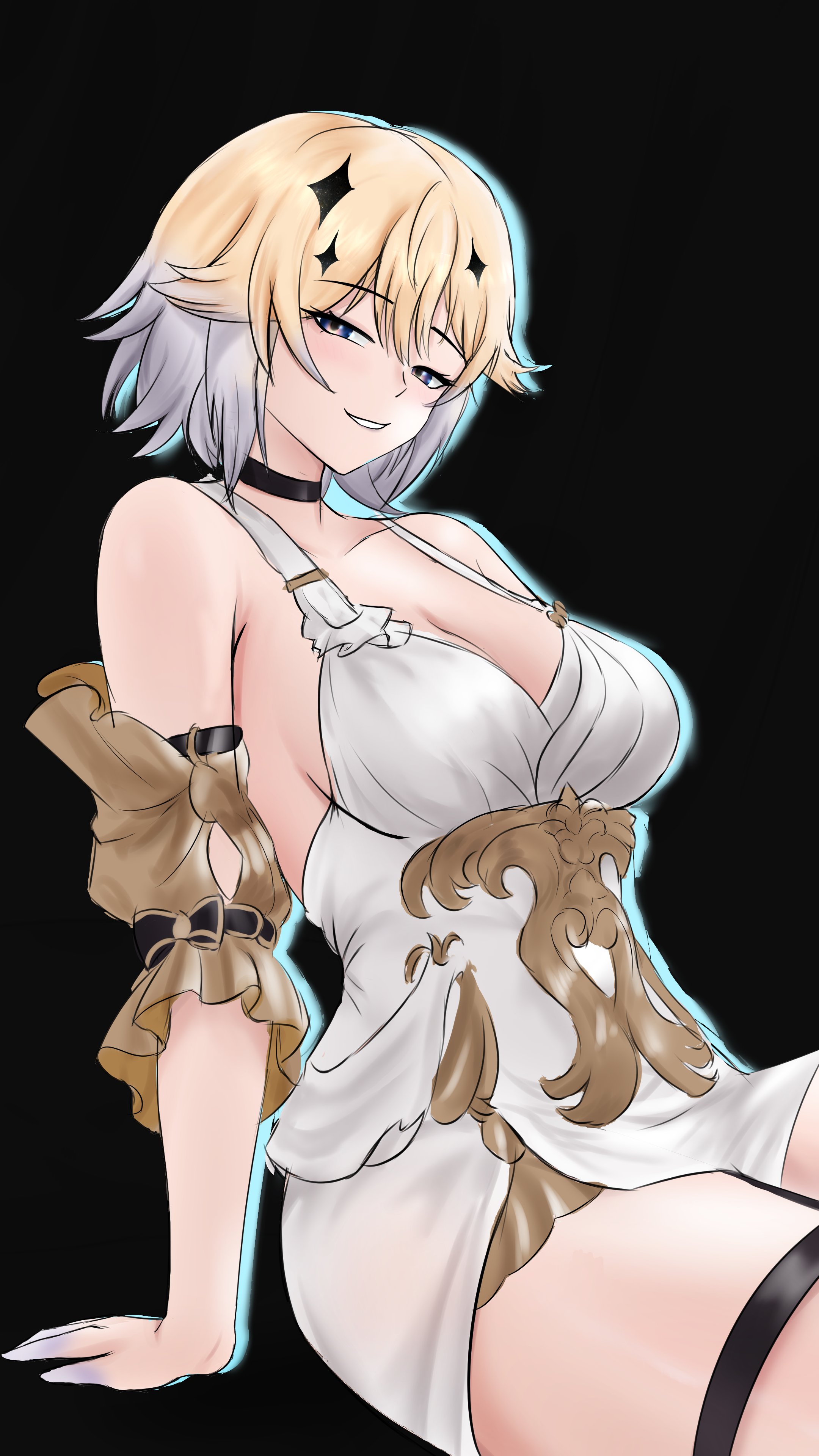 kaneko lumi, phase connect, absurdres, highres, 1girl, arm belt, belt, black background, black belt, black choker, blonde hair, blue eyes, bracelet, breasts, choker, cleavage, colored extremities, dress, gold bracelet, gradient hair, grey hair, hair ornament, jewelry, kudlo3, multicolored hair, short hair, smile, solo, thigh strap, virtual youtuber, white dress
