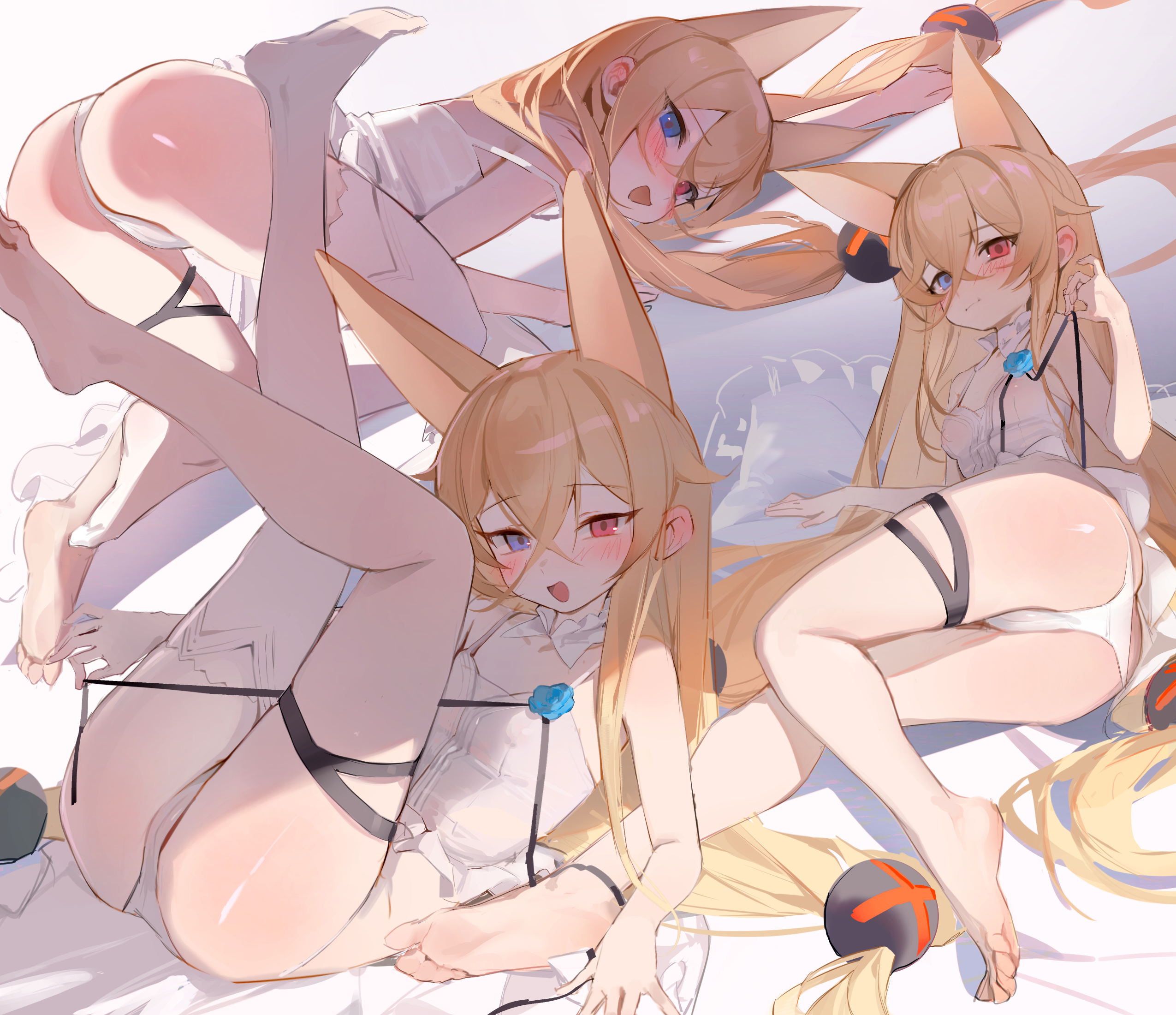 kyuri tizu, g41 (girls' frontline), girls' frontline, commission, highres, 1girl, all fours, animal ears, ass, asymmetrical legwear, blonde hair, blue eyes, blue flower, dress, flower, hair ornament, heterochromia, long hair, multiple views, panties, red eyes, sphere hair ornament, underwear, very long hair, white dress, white panties