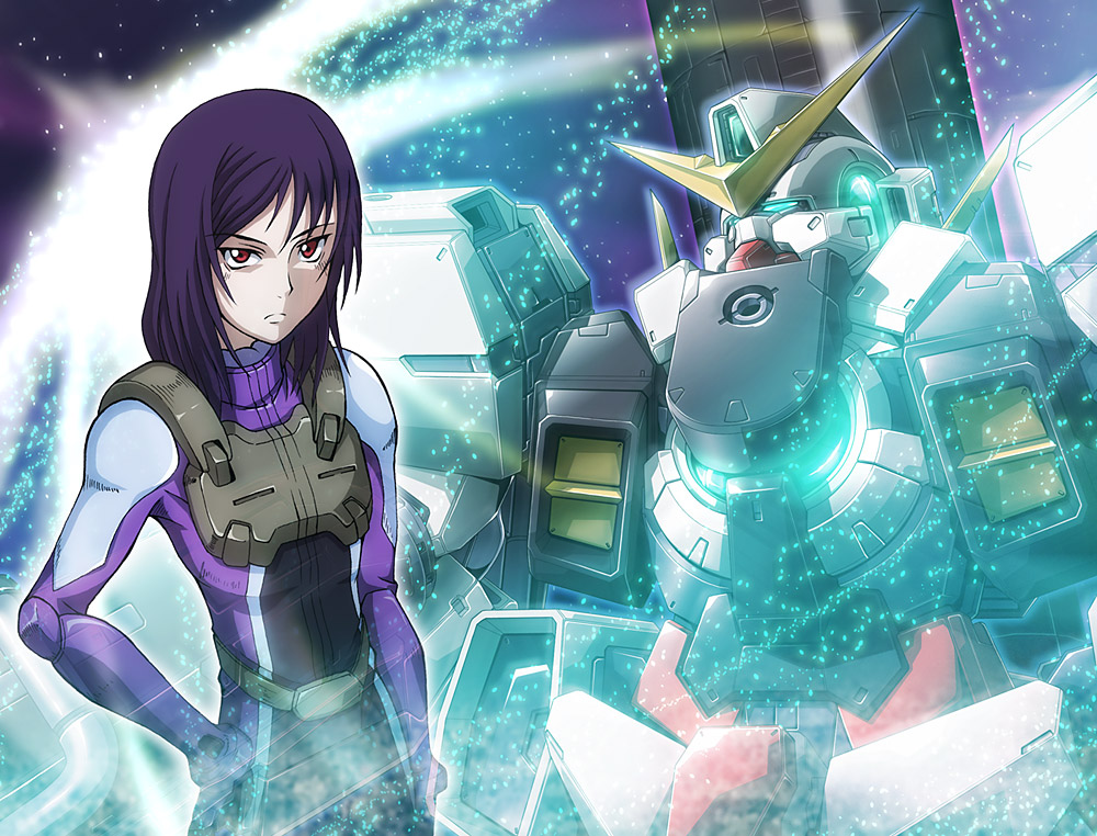 shigarami kyouma, gundam virtue, tieria erde, virtue, gundam, gundam 00, 00s, 1boy, armor, black bodysuit, blue eyes, bodysuit, expressionless, glowing, hand on own hip, helmet, light rays, machinery, male focus, mecha, pale skin, purple bodysuit, purple hair, red eyes, robot, skin tight, solo, sparkle, standing, upper body