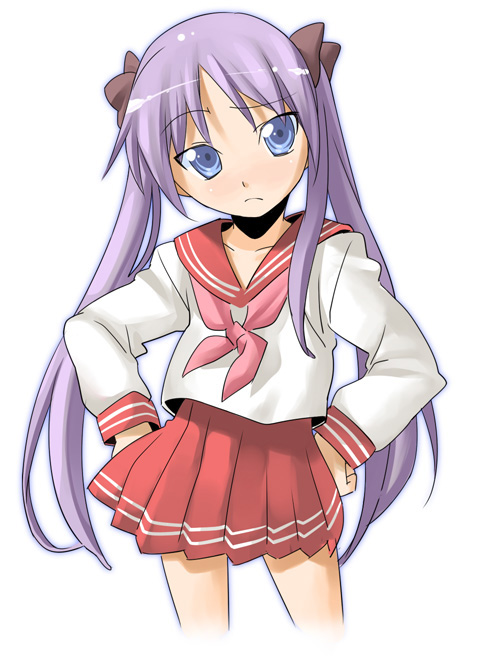 chikugen shiina, hiiragi kagami, lucky star, 00s, 1girl, closed mouth, collarbone, female focus, ryouou school uniform, school uniform, serafuku, simple background, solo, standing, white background