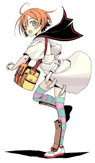 satou atsuki, sekai, medic (sekaiju), medic 2 (sekaiju), atlus, etrian odyssey, multicolored legwear, 1girl, female focus, solo, striped clothes, striped thighhighs, thighhighs