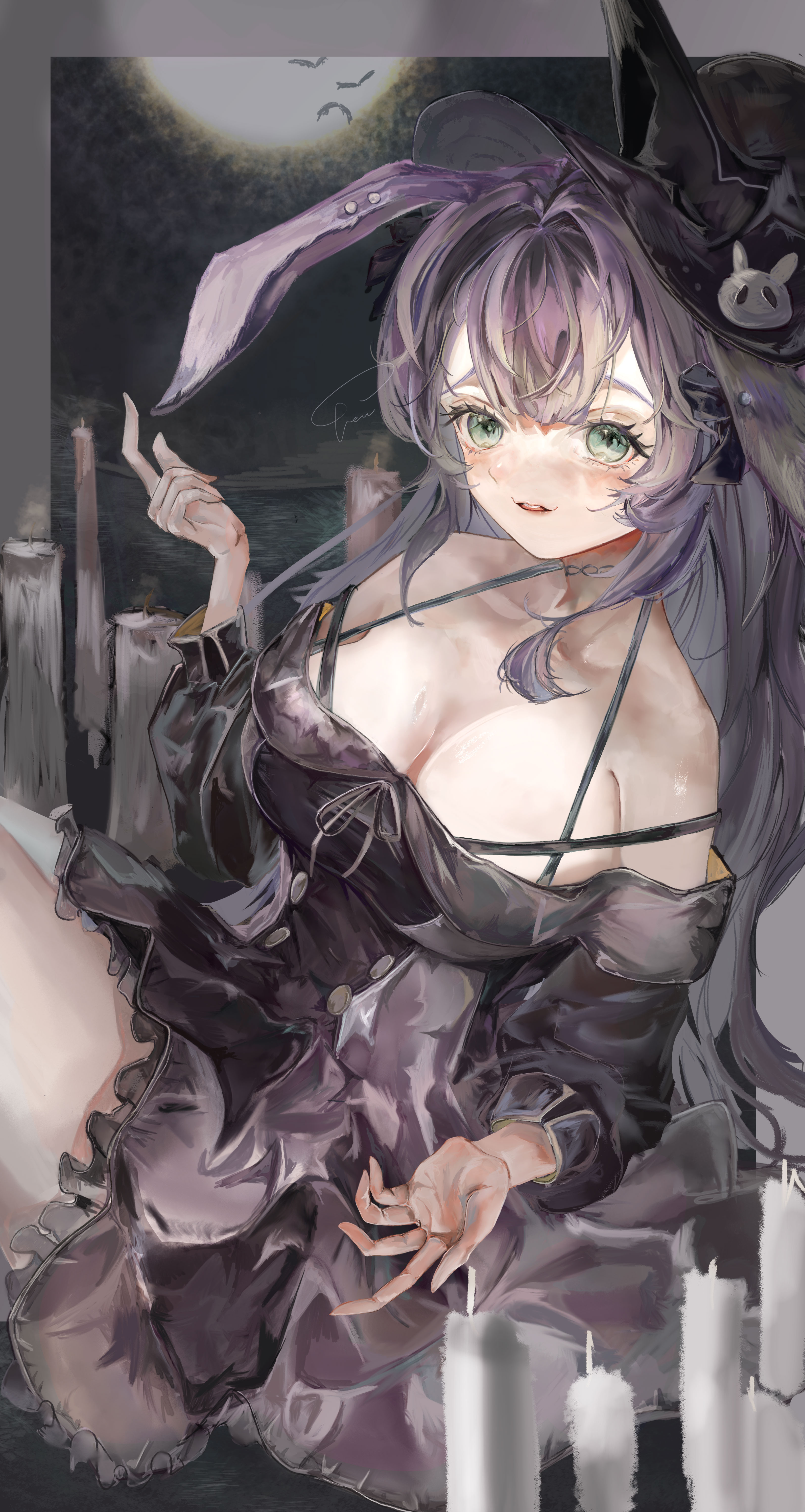vea (v ea ), rope (arknights), rope (imp's house) (arknights), arknights, absurdres, highres, 1girl, animal ears, bare shoulders, bat (animal), black bow, black collar, black dress, black hat, blush, bow, breasts, candle, cleavage, collar, collarbone, dress, frills, green eyes, hair bow, hat, hat ornament, large breasts, long hair, long sleeves, moon, off shoulder, official alternate costume, purple hair, rabbit ears, sitting, smile, solo, witch hat
