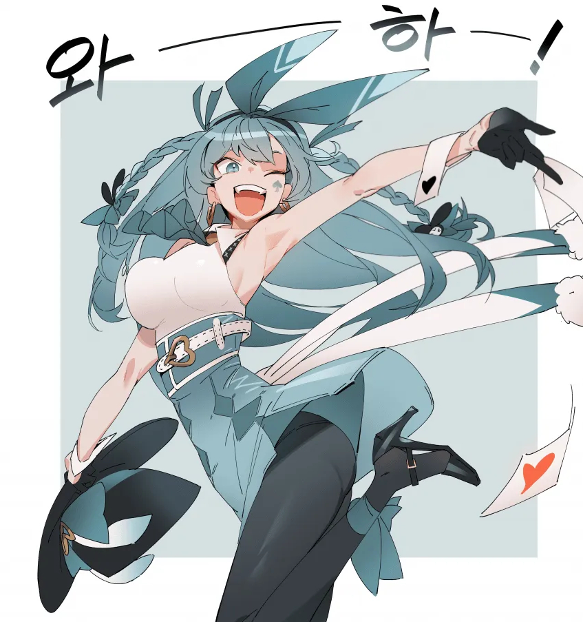 dr.b (drb02), emma hardy, black survival, eternal return: black survival, !, 1girl, :d, ace (playing card), ace of hearts, ankle ribbon, aqua ascot, aqua background, aqua eyes, aqua hair, aqua skirt, armpits, ascot, ass, bare shoulders, belt, black bow, black gloves, black pantyhose, black shoes, blue eyes, bow, braid, breasts, card, collared shirt, earrings, facing to the side, gloves, hair bow, half gloves, hat, hat bow, hat with ears, heart, heart belt buckle, high heels, holding, holding card, holding unworn clothes, holding unworn hat, hoop earrings, jewelry, korean text, large breasts, leg ribbon, long hair, looking at viewer, one eye closed, open mouth, pantyhose, playing card, ribbon, shirt, shoes, sideboob, single glove, skirt, sleeveless, sleeveless shirt, smile, solo, spade (shape), spade tattoo, tattoo, top hat, twin braids, two-tone background, unworn hat, unworn headwear, white background, white belt, white shirt, wrist cuffs