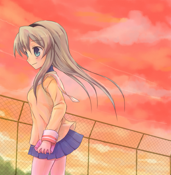 sakagami tomoyo, clannad, 00s, 1girl, black hairband, blue eyes, blue skirt, blush, box, breasts, brown hair, chain-link fence, closed mouth, cloud, contrail, cowboy shot, evening, female focus, fence, gift, gift box, hairband, holding, holding gift, long hair, long sleeves, looking afar, miniskirt, outdoors, pleated skirt, school uniform, serafuku, skirt, sky, small breasts, smile, solo, standing, tareme