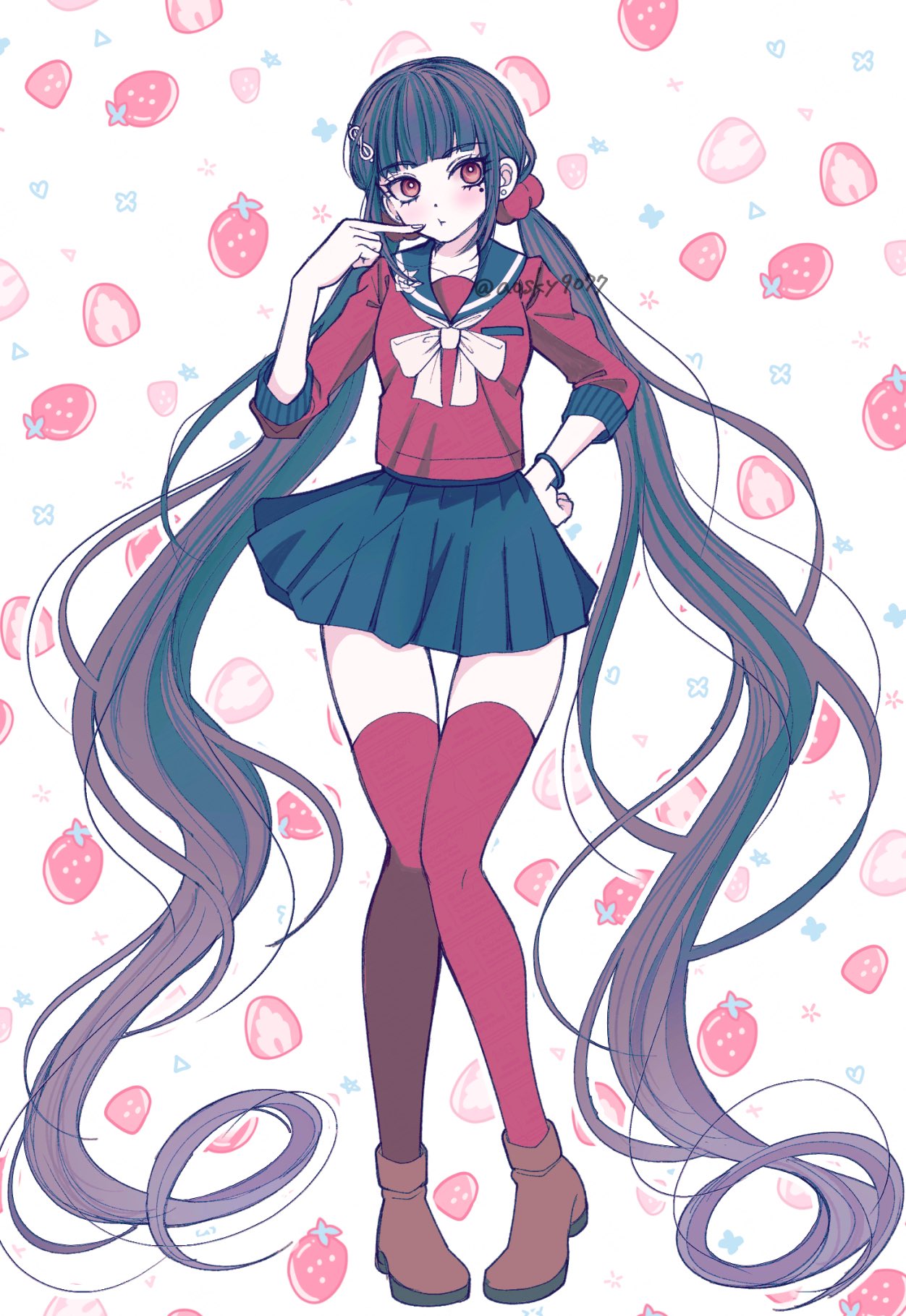satori (aosky9077), harukawa maki, danganronpa (series), danganronpa v3: killing harmony, highres, 1girl, blunt bangs, brown hair, full body, hair ornament, hair scrunchie, long hair, long sleeves, looking at viewer, low twintails, mole, mole under eye, pleated skirt, red eyes, red scrunchie, red shirt, sailor collar, school uniform, scrunchie, shirt, shoes, skirt, solo, thighhighs, twintails, zettai ryouiki