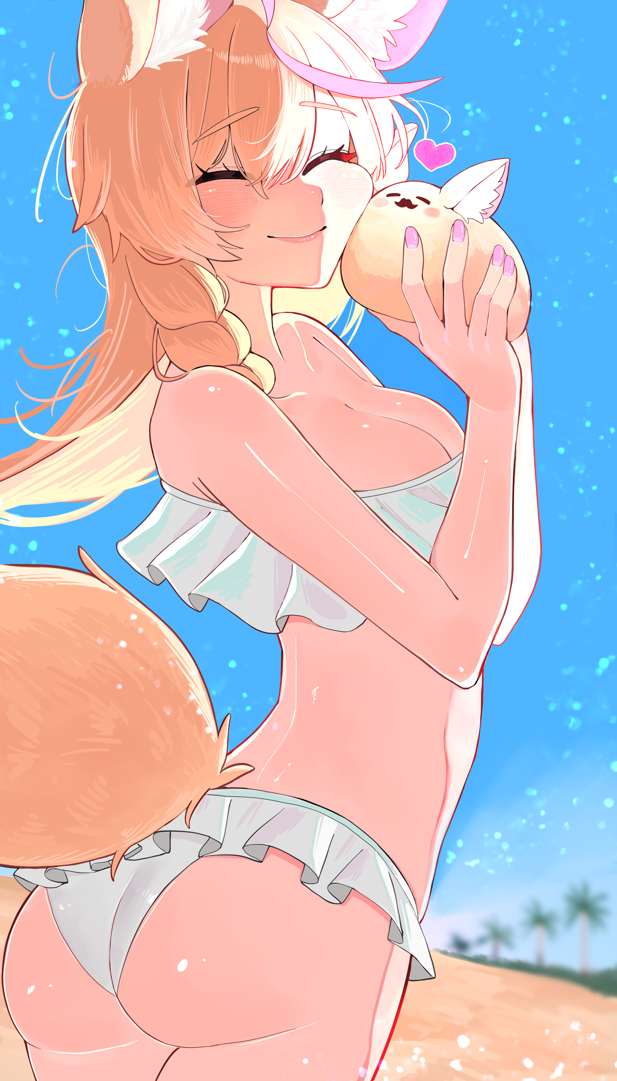 yuuppi, omaru polka, zain (omaru polka), hololive, absurdres, commentary, english commentary, highres, 1girl, alternate costume, animal ear fluff, animal ears, ass, bare shoulders, beach, bikini, blonde hair, blue sky, blurry, blurry background, braid, breasts, closed eyes, cowboy shot, day, double-parted bangs, fox ears, fox girl, fox tail, frilled bikini, frills, hair between eyes, long hair, looking at viewer, multicolored hair, outdoors, pink streaks, side braid, single braid, sky, solo, strapless, strapless bikini, streaked hair, swimsuit, tail, virtual youtuber, white bikini