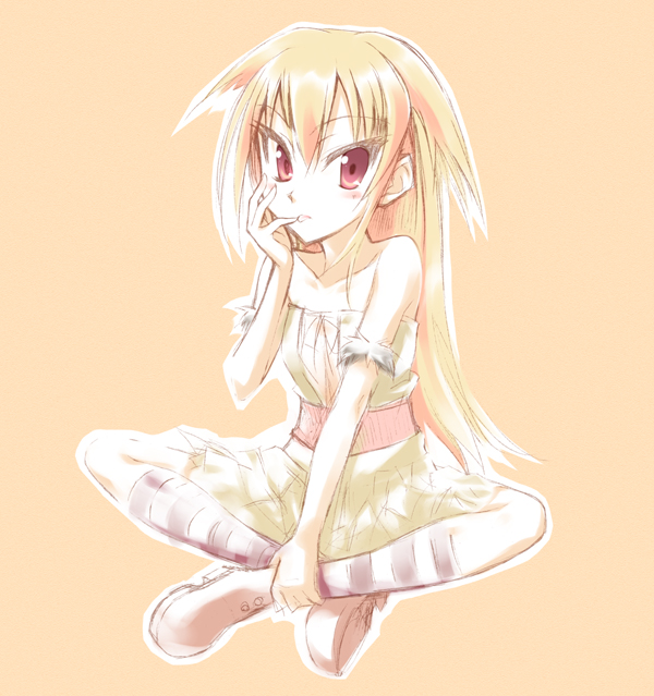 kuropenguin, original, 1girl, blonde hair, dress, female focus, kneehighs, red eyes, socks, solo, strapless, strapless dress, striped clothes, striped socks