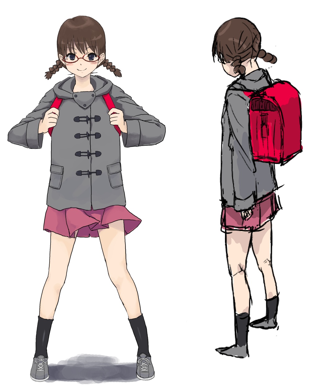 ikko, original, highres, 1girl, backpack, bag, braid, coat, glasses, multiple views, randoseru, twin braids