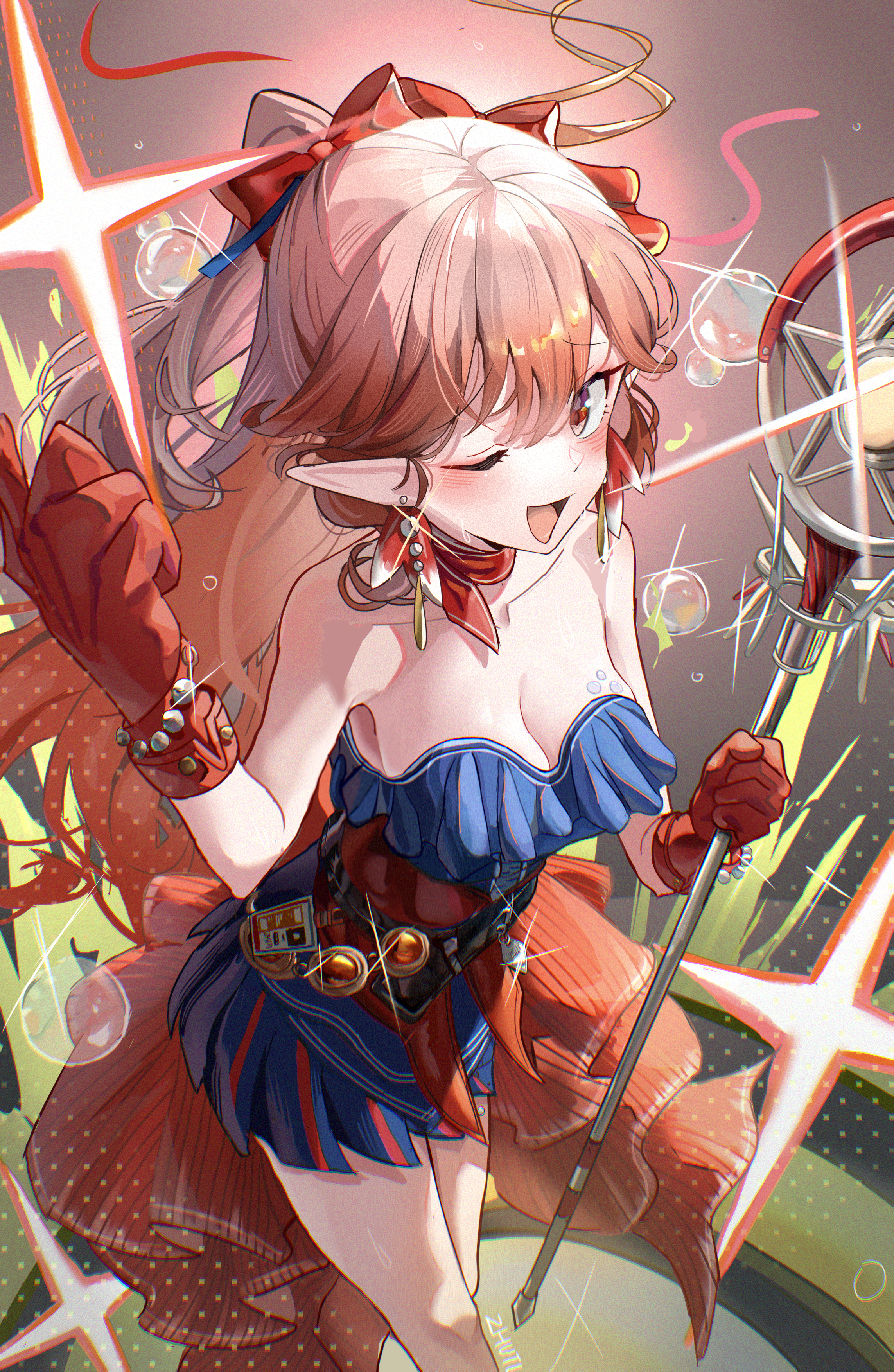 wrnmsb, haruka (arknights), arknights, absurdres, commentary request, highres, revision, 1girl, ;d, bare shoulders, blue dress, breasts, cleavage, collarbone, dress, earrings, glint, gloves, gradient hair, holding, holding staff, jewelry, long hair, looking at viewer, medium breasts, multicolored hair, off-shoulder dress, off shoulder, one eye closed, open mouth, pink hair, pointy ears, red eyes, red gloves, red hair, smile, solo, staff