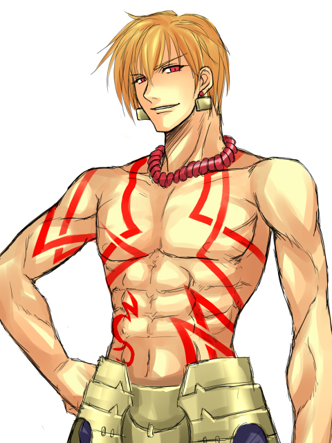 ichimedoo, gilgamesh (fate), fate/stay night, fate (series), 00s, 1boy, blonde hair, earrings, jewelry, male focus, necklace, red eyes, smile, solo, tattoo, topless male