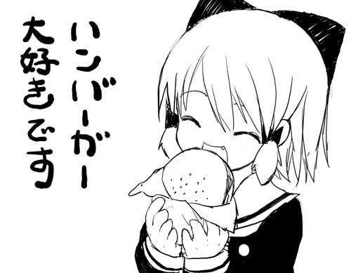 kiira, original, lowres, 1girl, burger, female focus, food, greyscale, monochrome, solo