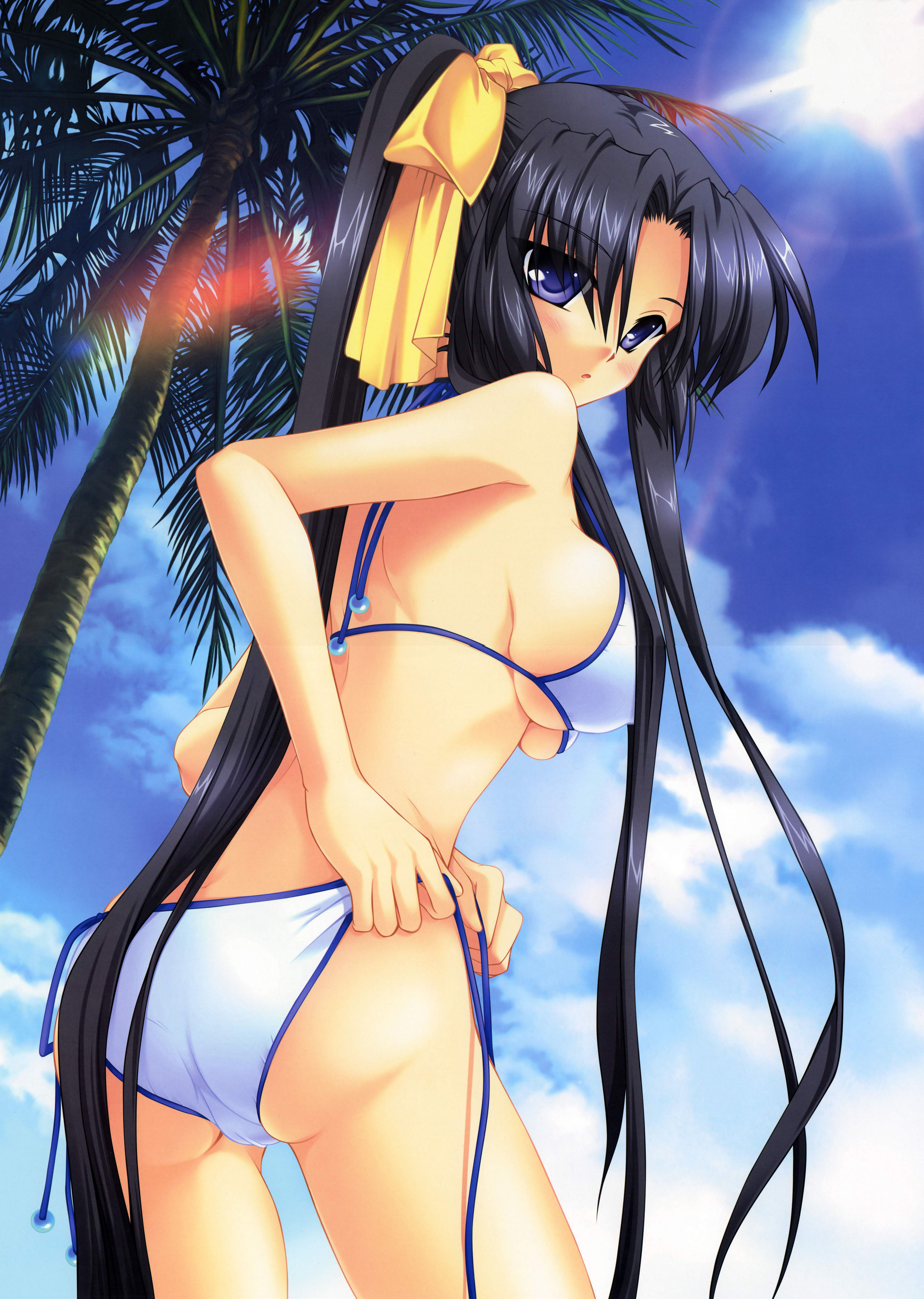 kurugaya yuiko, little busters!, absurdres, highres, non-web source, 1girl, ass, bikini, blue eyes, breasts, day, female focus, large breasts, long hair, panties, side-tie bikini bottom, side-tie panties, sideboob, solo, swimsuit, underboob, underwear, white bikini