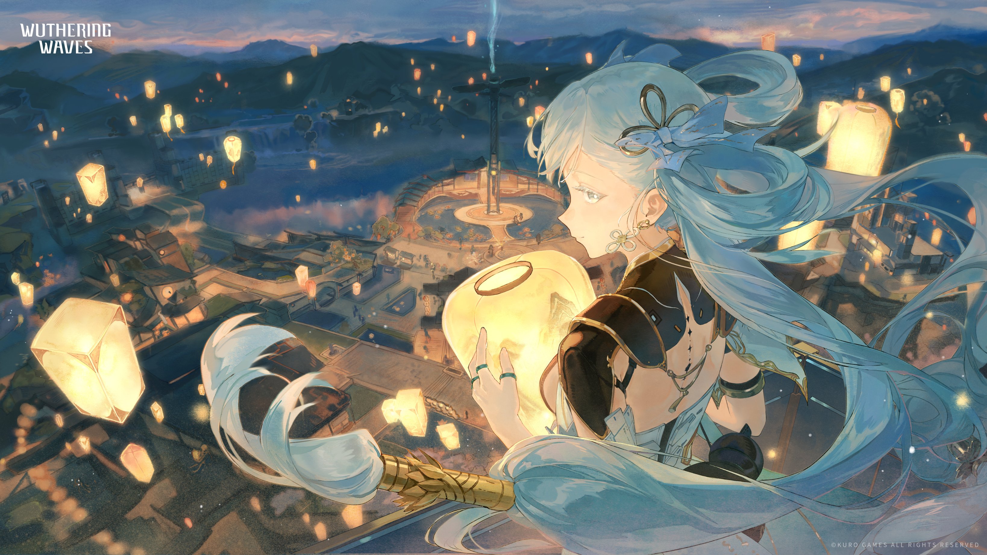 jinhsi (wuthering waves), wuthering waves, absurdres, commentary, english commentary, highres, official art, 1girl, black collar, bow, breasts, bright pupils, city, closed mouth, collar, colored eyelashes, earrings, from behind, hair bow, hair rings, holding, holding lantern, jewelry, lantern, logo, medium breasts, outdoors, pangu terminal (wuthering waves), paper lantern, sideways glance, smile, solo, tacet mark (wuthering waves), white bow, white eyelashes, white eyes, white hair, white pupils