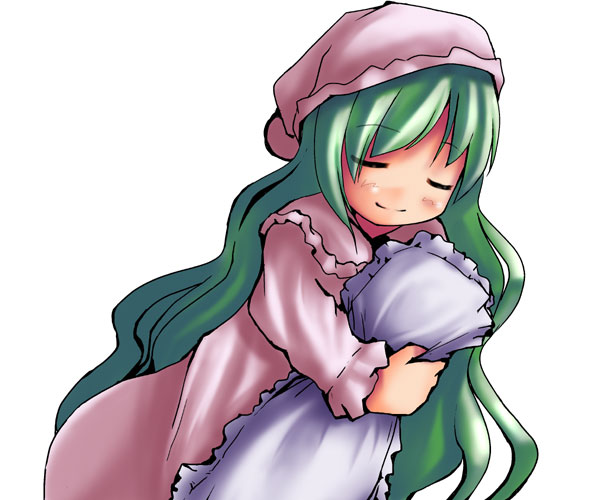 kazami yuuka, kazami yuuka (pc-98), lotus land story, touhou, touhou (pc-98), artist request, 1girl, female focus, frilled pillow, frills, green hair, hat, hugging object, long hair, nightcap, pajamas, pillow, pillow hug, pink hat, simple background, sleeping, solo, very long hair, wavy hair, white background