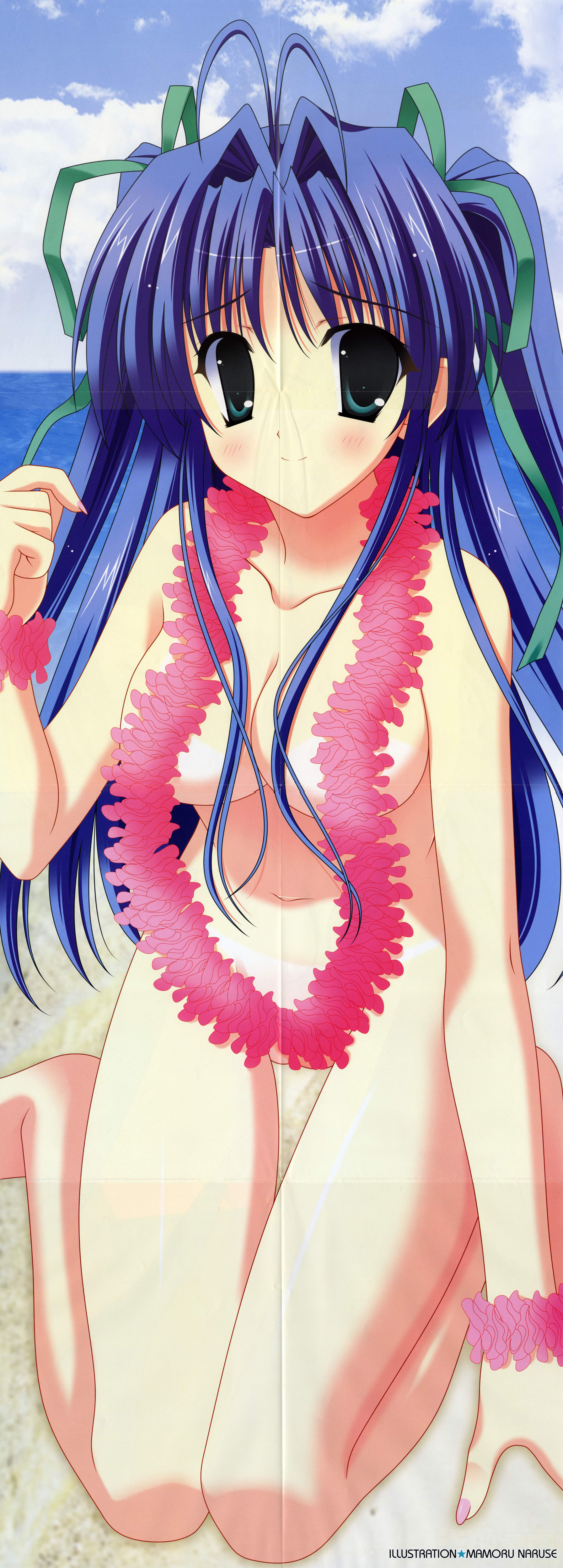 eyebrows, absurdres, highres, long image, non-web source, tall image, 1girl, beach, blue hair, blush, breasts, censored, cloud, convenient censoring, day, female focus, flower, flower necklace, jewelry, lei, long hair, looking at viewer, navel, necklace, nude, nudist, outdoors, purple hair, sky, smile, solo