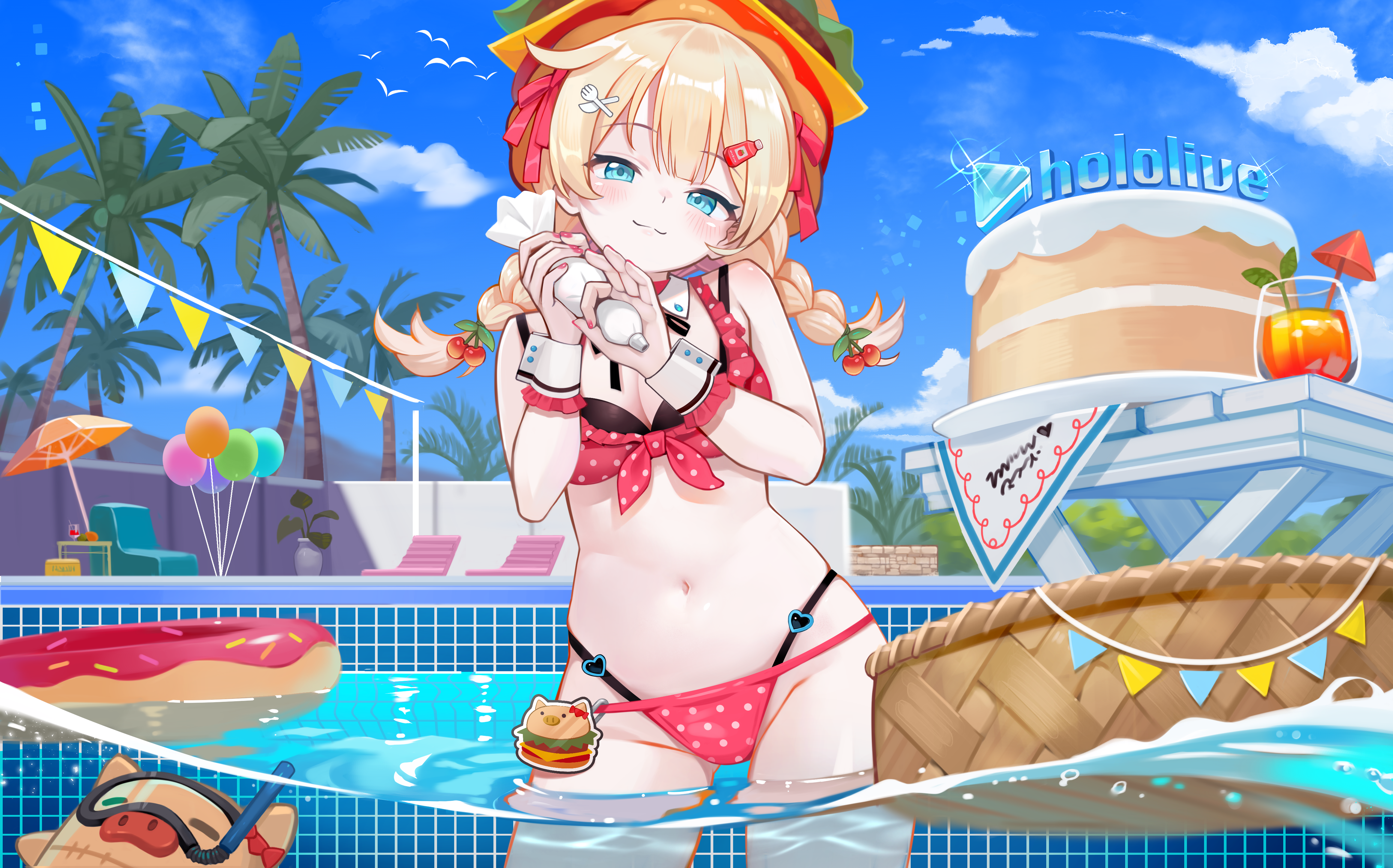 yoshikawa hiro, akai haato, haaton (akai haato), hololive, absurdres, commentary, highres, symbol-only commentary, 1girl, adapted costume, akai haato (waitress), aqua eyes, bikini, black bikini, blonde hair, blue sky, braid, breasts, burger hat, cleavage, closed mouth, cloud, contrapposto, day, front-tie bikini top, front-tie top, hair ornament, hairclip, highleg, highleg bikini, holding, layered bikini, long hair, looking at viewer, low twin braids, medium breasts, navel, official alternate hairstyle, outdoors, partially underwater shot, polka dot, polka dot bikini, red bikini, sky, smile, solo, swimsuit, twin braids, virtual youtuber, wading, water, wrist cuffs