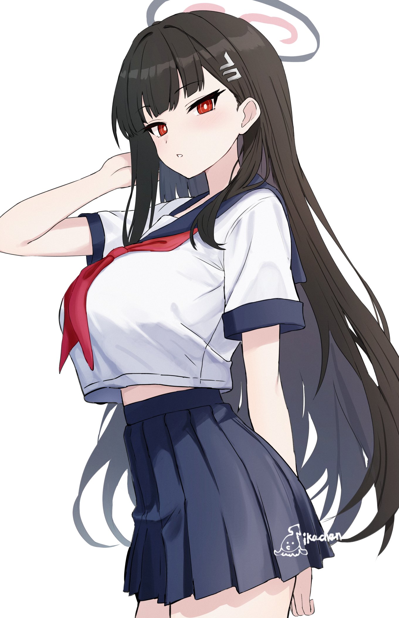 ikachan (norach57), rio (blue archive), blue archive, highres, 1girl, black hair, blue sailor collar, blue skirt, breasts, bright pupils, cowboy shot, crop top, crop top overhang, hair ornament, hairclip, halo, hand up, high-waist skirt, large breasts, long hair, looking at viewer, midriff, neckerchief, pleated skirt, red eyes, red neckerchief, sailor collar, school uniform, serafuku, shirt, short sleeves, simple background, skirt, solo, very long hair, white background, white shirt