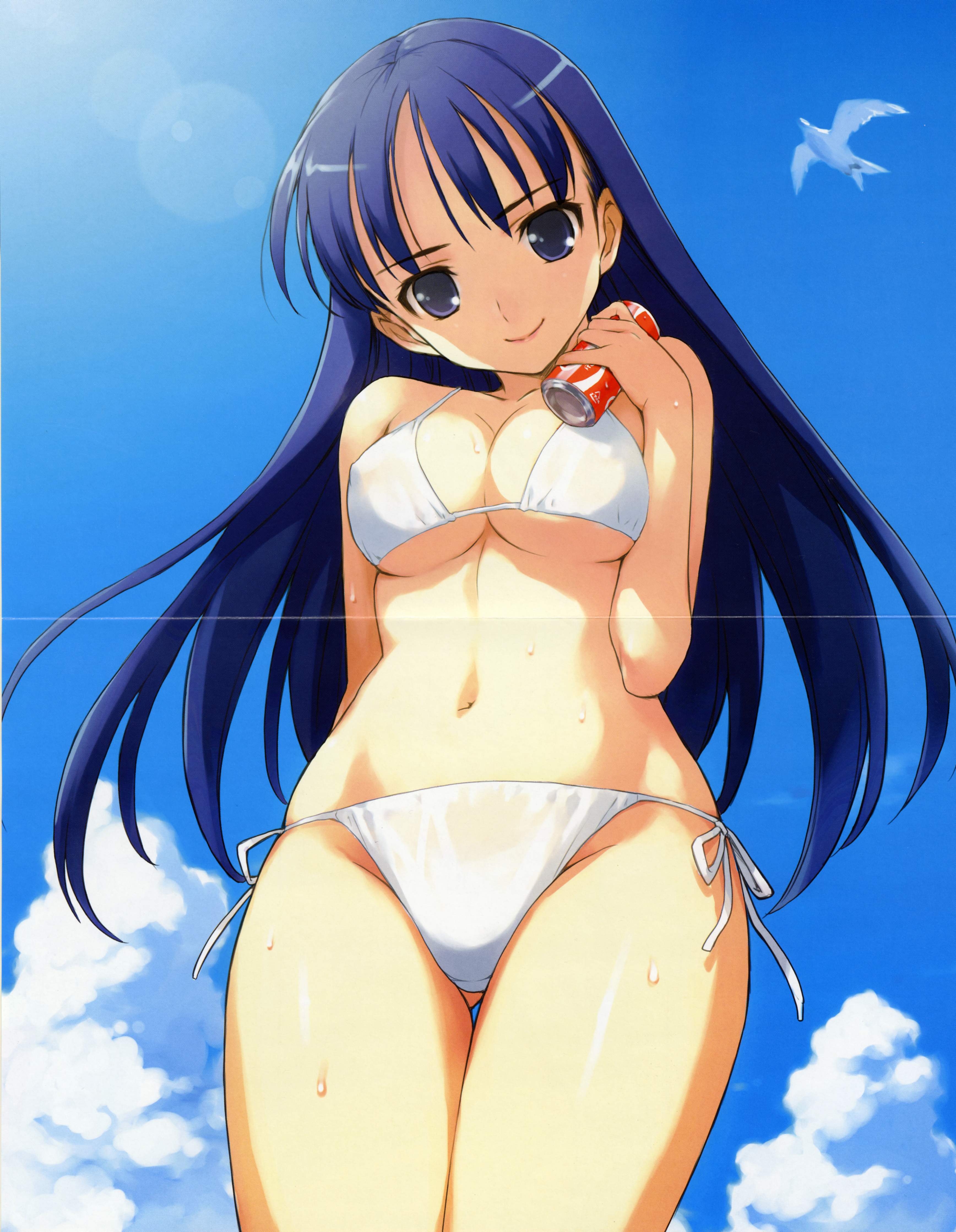 morisawa haruyuki, coca-cola, absurdres, highres, non-web source, scan, 1girl, bikini, bird, blue eyes, blue hair, breasts, can, cleavage, cloud, covered erect nipples, crease, day, drink can, female focus, head tilt, large breasts, lens flare, long hair, looking down, matching hair/eyes, navel, outdoors, product placement, side-tie bikini bottom, sky, smile, soda can, solo, swimsuit, underboob, wet, white bikini