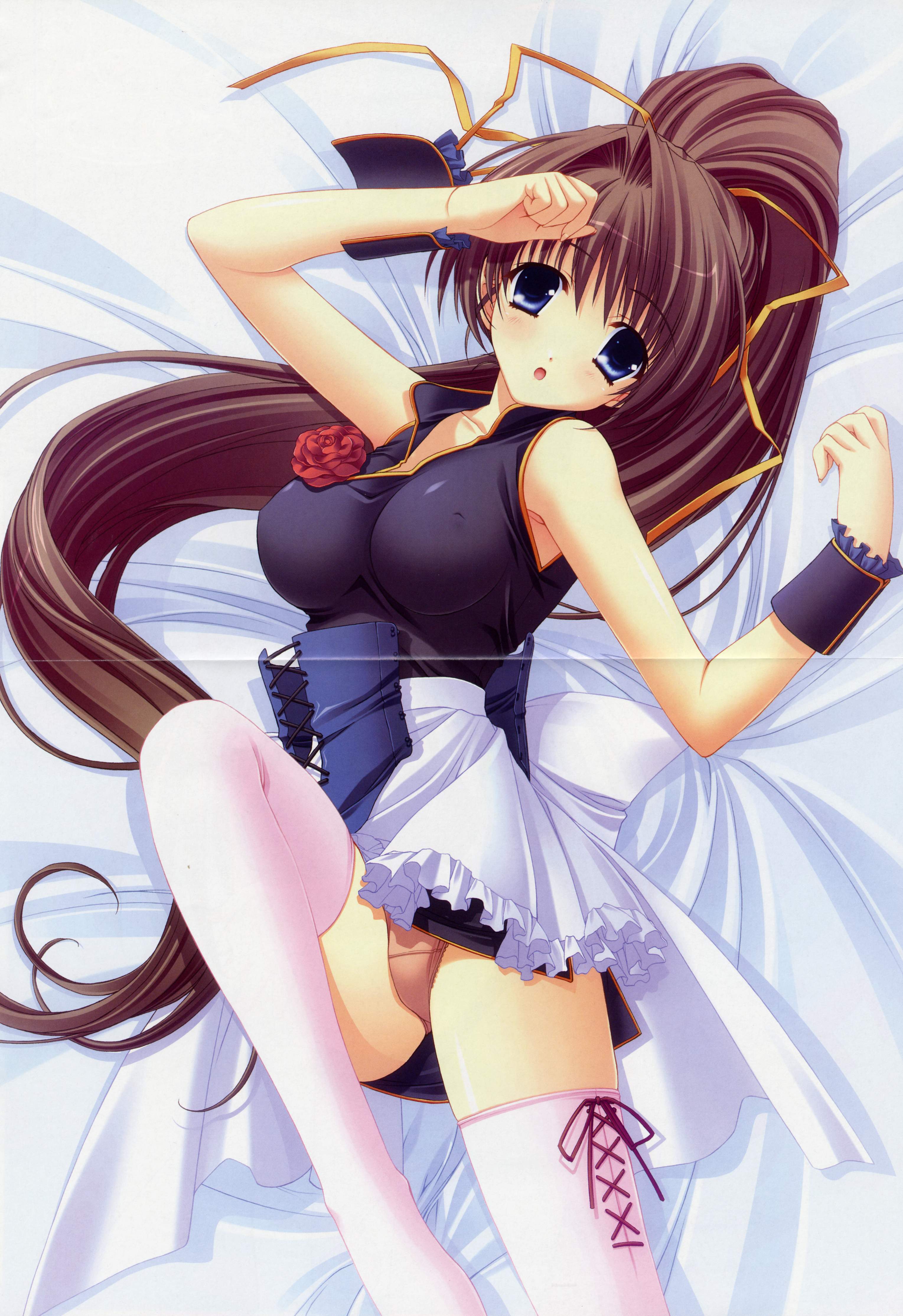 kimizuka aoi, saetta (ne~pon? x rai pon!), ne~pon? x rai pon!, absurdres, highres, non-web source, 1girl, armpits, bed, blue eyes, breasts, brown hair, corset, female focus, flower, hair ribbon, large breasts, long hair, lying, open mouth, panties, pantyshot, pink panties, ponytail, ribbon, rose, solo, thighhighs, underwear, undressing, very long hair, wrist cuffs
