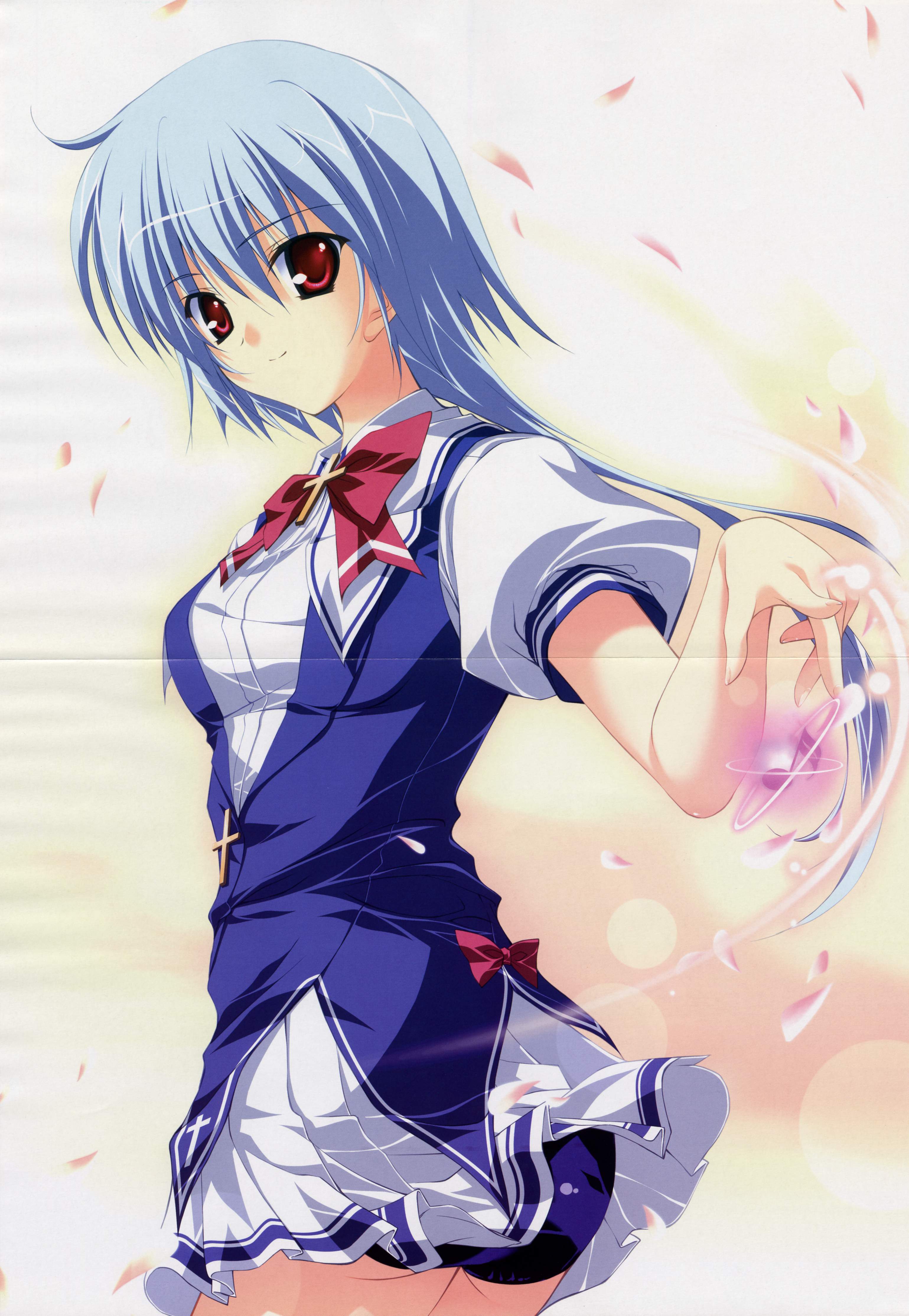 fumio (ura fmo), kuu (lyrical lyric), lyrical lyric, absurdres, highres, non-web source, scan, 1girl, blue hair, crease, cross, female focus, latin cross, petals, red eyes, school uniform, serafuku, solo