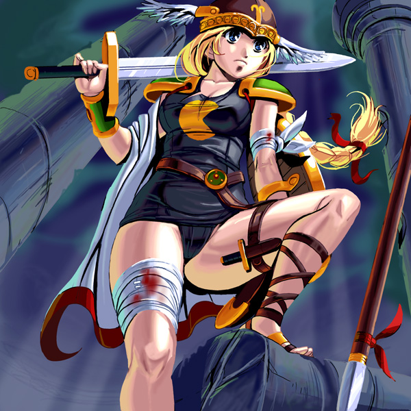kouno (masao), pac-man, valkyrie (vnd), namco, pac-man (game), valkyrie no densetsu, cross-laced footwear, 1girl, black one-piece swimsuit, one-piece swimsuit, sandals, school swimsuit, swimsuit, valkyrie