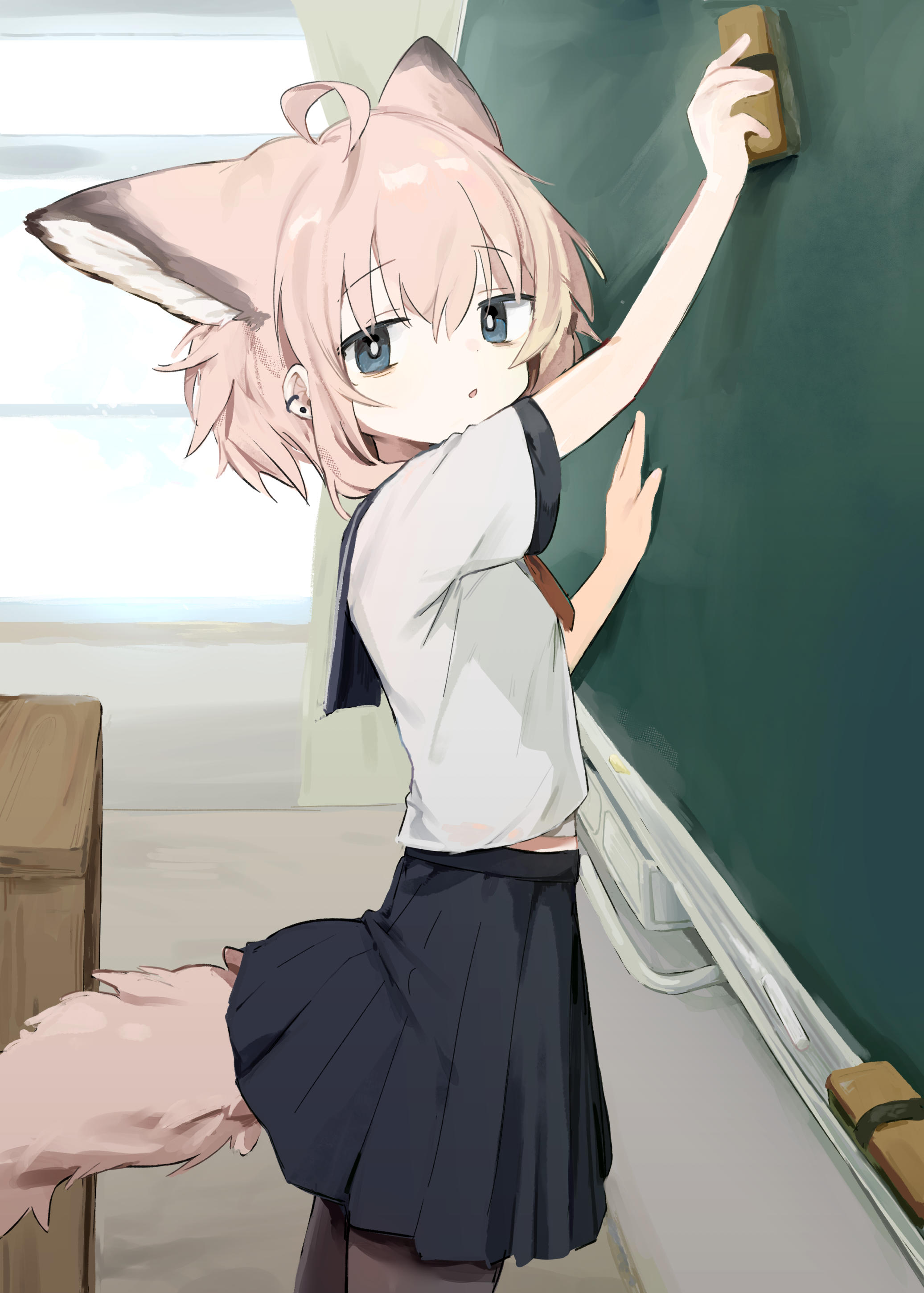 unitedunti, sussurro (arknights), arknights, absurdres, commentary request, highres, 1girl, ahoge, alternate costume, animal ears, black pantyhose, black skirt, blue eyes, chalkboard, ear piercing, extra ears, flat chest, fox ears, fox girl, fox tail, holding, indoors, pantyhose, piercing, school uniform, skirt, solo, tail