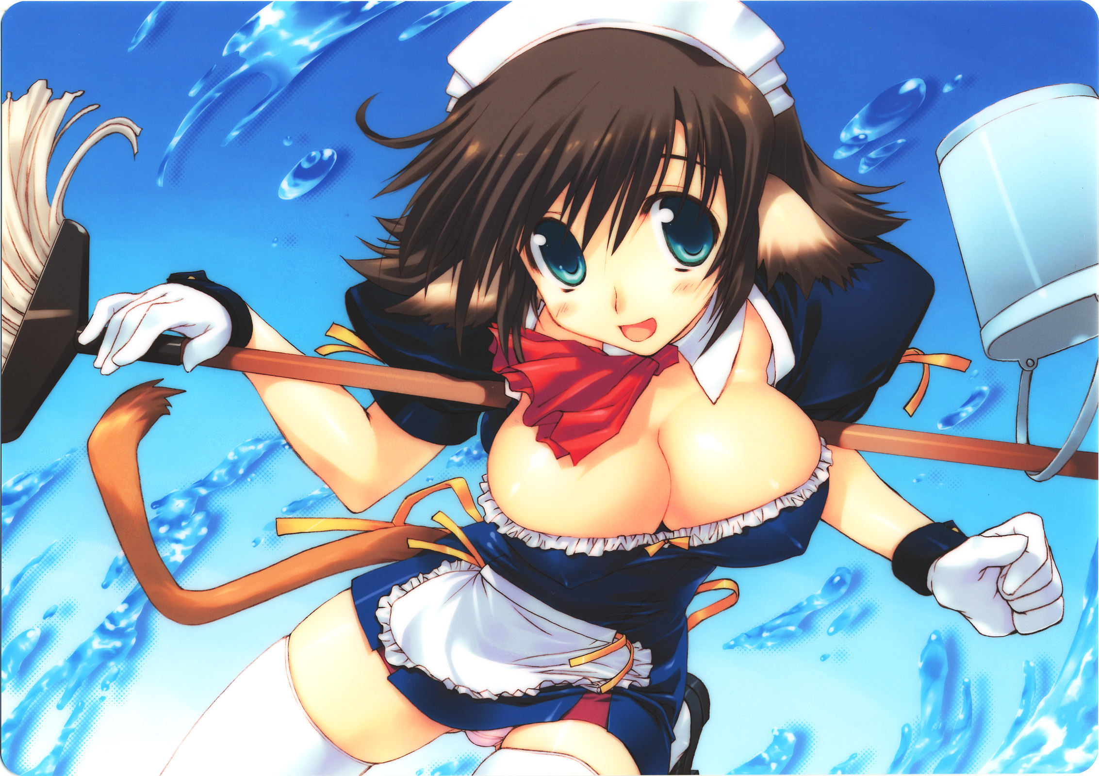 amazuyu tatsuki, blazer one, modelers, highres, 1girl, animal ears, bent over, blue eyes, blush, breasts, brown hair, bucket, cleavage, female focus, gloves, gradient background, large breasts, maid, mop, panties, pantyshot, short hair, solo, standing, tail, thighhighs, underwear, upskirt, water