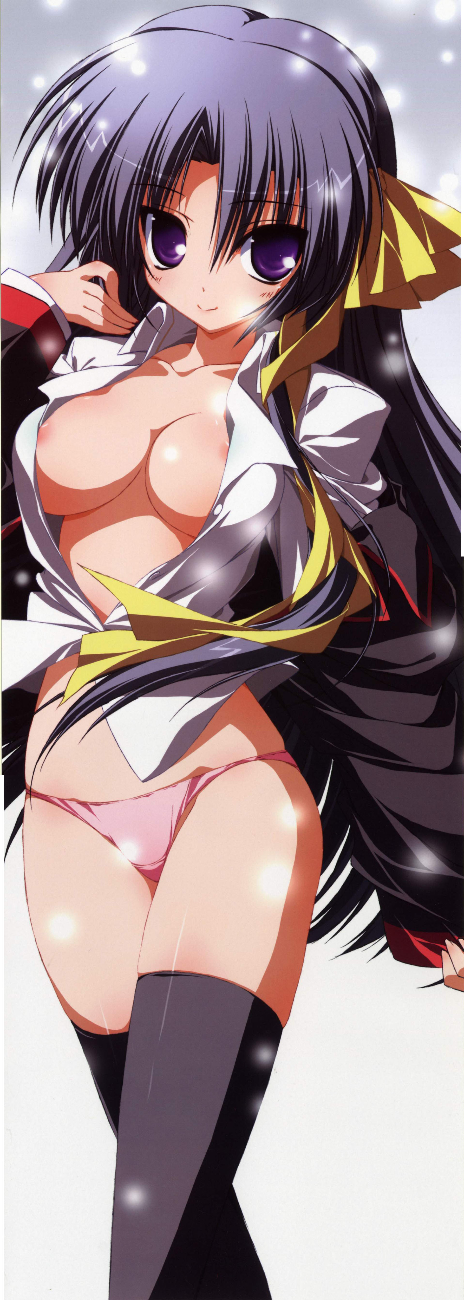 kurugaya yuiko, little busters!, absurdres, highres, long image, non-web source, tall image, 1girl, areola slip, breasts, female focus, large breasts, nipple slip, nipples, open clothes, open shirt, panties, shirt, solo, thighhighs, underwear