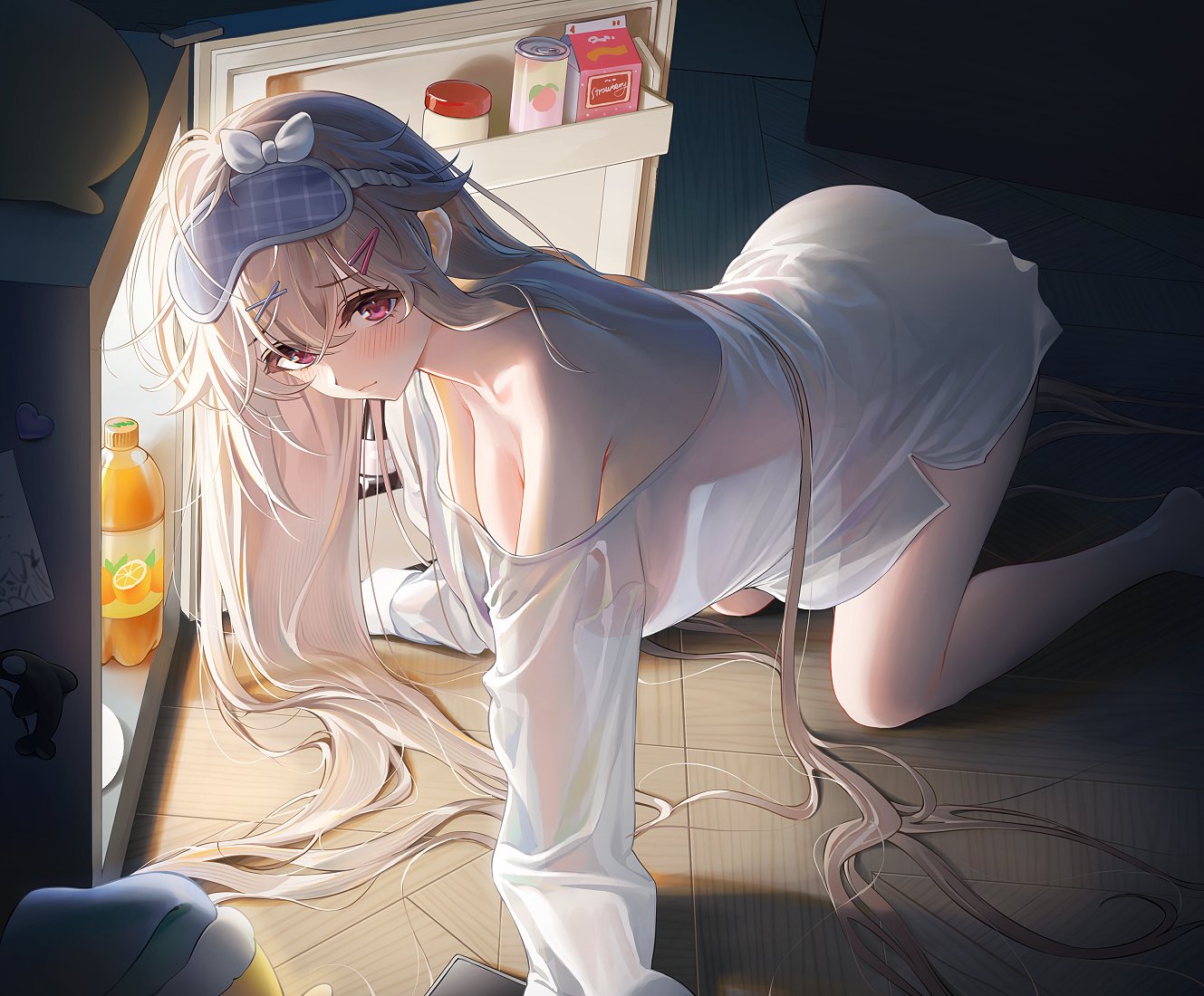 ame (uten cancel), anchorage (azur lane), anchorage (sweet evening milk) (azur lane), azur lane, commentary, 1girl, all fours, blush, breasts, brown hair, closed mouth, hair ornament, hanging breasts, juice carton, large breasts, long hair, long sleeves, looking at viewer, mask, mask on head, naked shirt, official alternate costume, official alternate hairstyle, red eyes, see-through silhouette, shirt, sleep mask, solo, thighs, very long hair, white shirt, x hair ornament